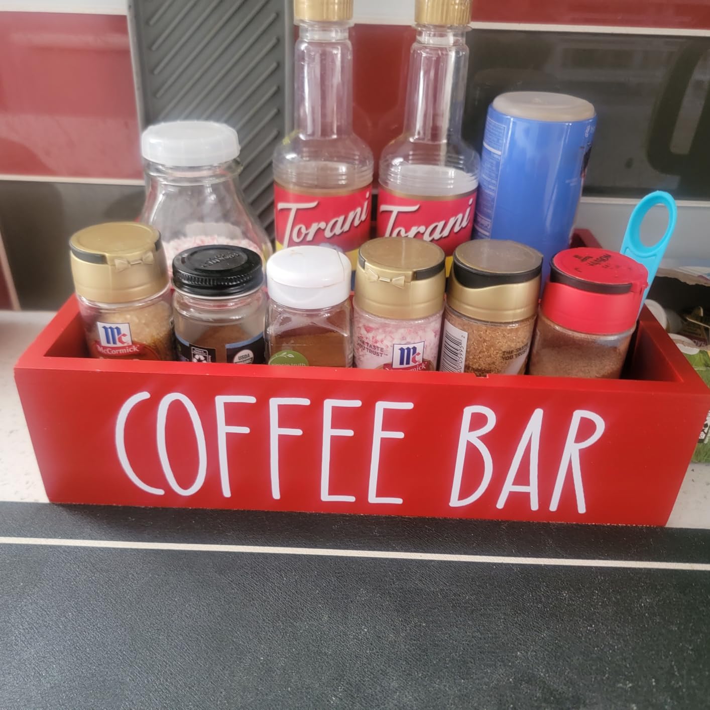 ALELION Coffee Station Organizer - Wood Countertop Accessories Organizer with Removable Dividers for Pods Condiment Syrup Tea Cups Stirrers - for Farmhouse Coffee Bar Decor customer photo 2