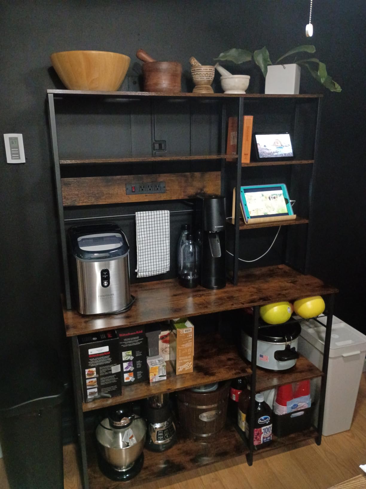 SUPERJARE Large Bakers Rack with Power Outlets, 39.6 Inches Microwave Stand | Coffee Bar with 6-Tier Storage, 12 S-Shaped Hooks, Kitchen Shelf with Wire Basket, Rustic Brown customer photo 1