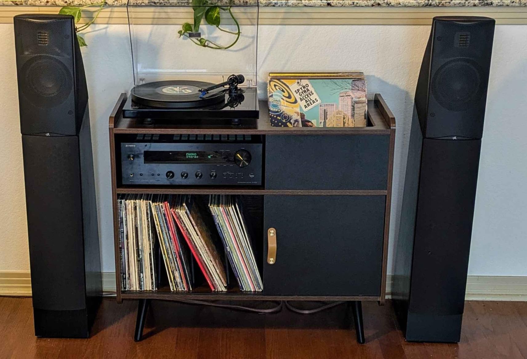 GDLF Record Player Stand with Vinyl Storage, Turntable Stand Cabinet | Holds 350 Albums, Sliding Door Storage, Power Outlet & USB Ports, Speaker Shelf, Solid Wood Legs, Mid Century Modern Design customer photo 1
