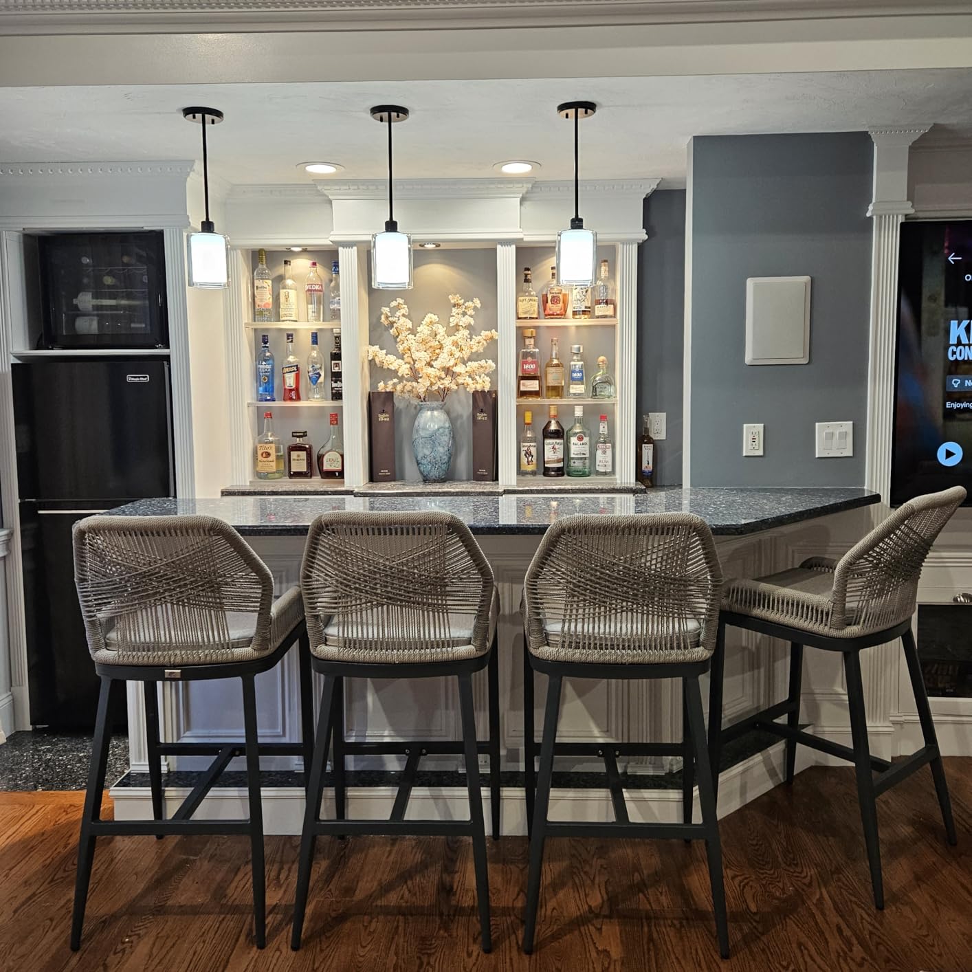 PURPLE LEAF Bar Height Stools Set of 2 with Cushion and Back, Dark Grey | Removable Quick-Dry Olefin Seat Fabric, Stable Aluminum, All-Weather Textilene Handwoven Rope, Boho Style, Ergonomic Footrest customer photo 2
