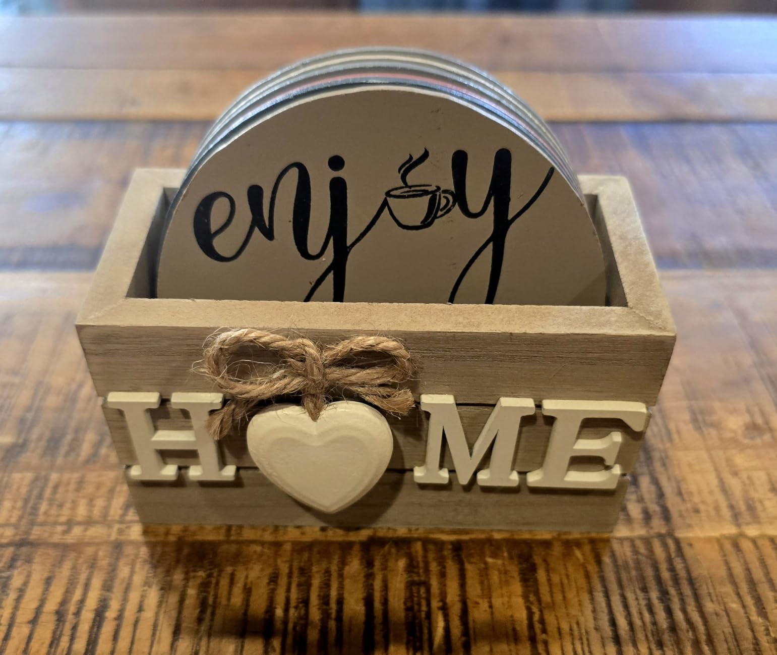 Queekay House Warming Gifts New Home Farmhouse Coasters Set of 6, Mixed | Wooden Coasters for Drink with Holder, 4'', Funny Home Decoration for Family Coffee Bar Table Protection, New Home Gift Ideas customer photo 1