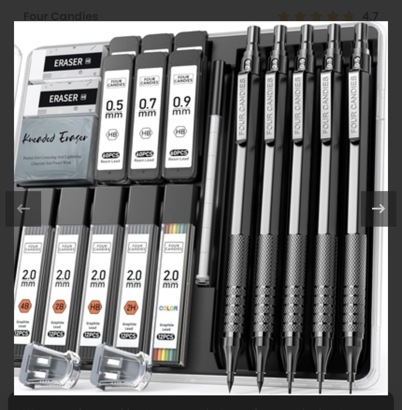 Four Candies 25PCS Mechanical Pencil Set, 0.5, 0.7, 0.9 & 2mm, Storage Case | 432 Lead Refills (HB 2H 2B 4B Color), Kneaded Eraser, Sharpener, Technical Art Kit, Sketching, Drawing, Drafting customer photo 1