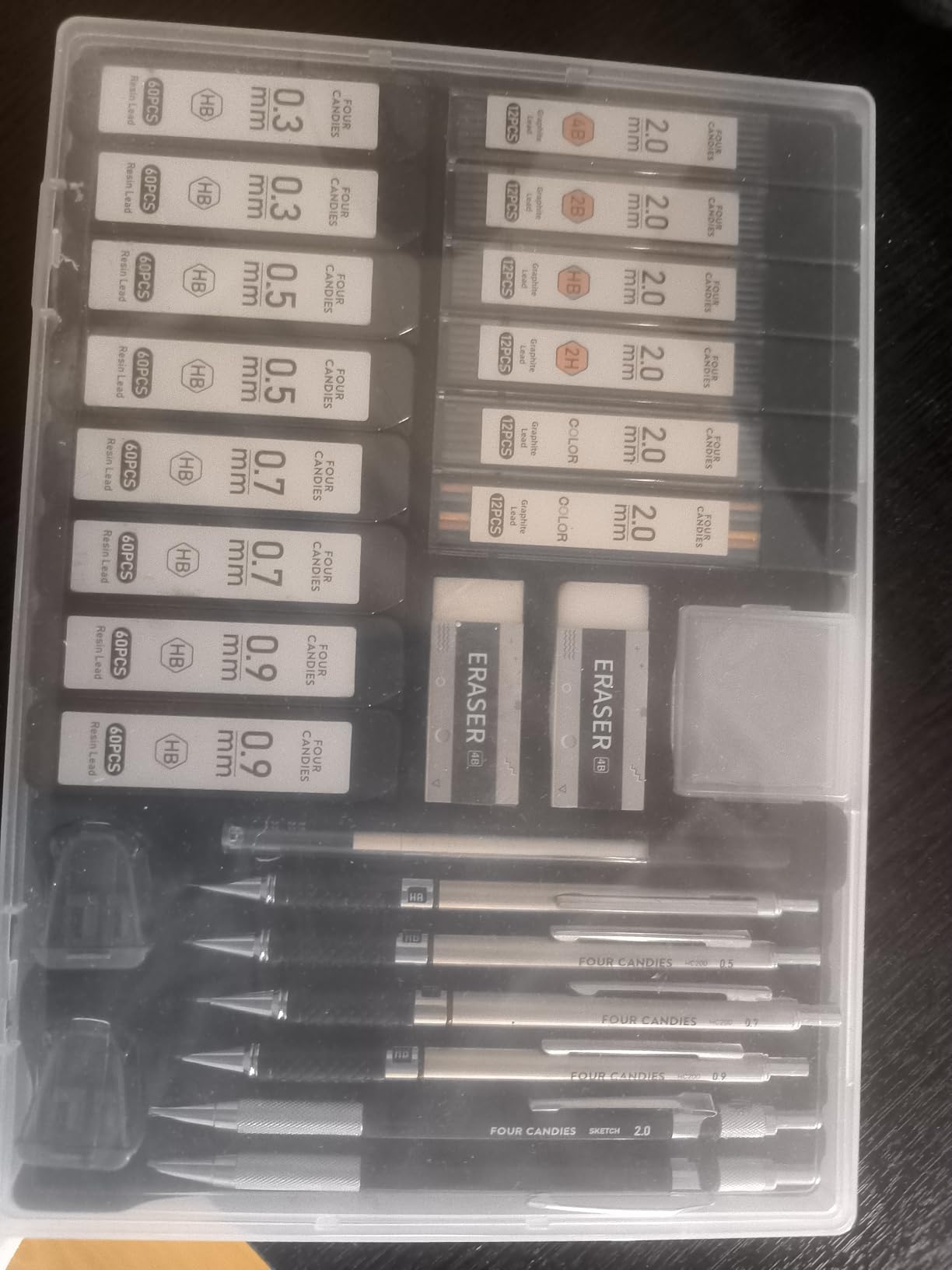Four Candies 25PCS Mechanical Pencil Set, 0.5, 0.7, 0.9 & 2mm, Storage Case | 432 Lead Refills (HB 2H 2B 4B Color), Kneaded Eraser, Sharpener, Technical Art Kit, Sketching, Drawing, Drafting customer photo 2