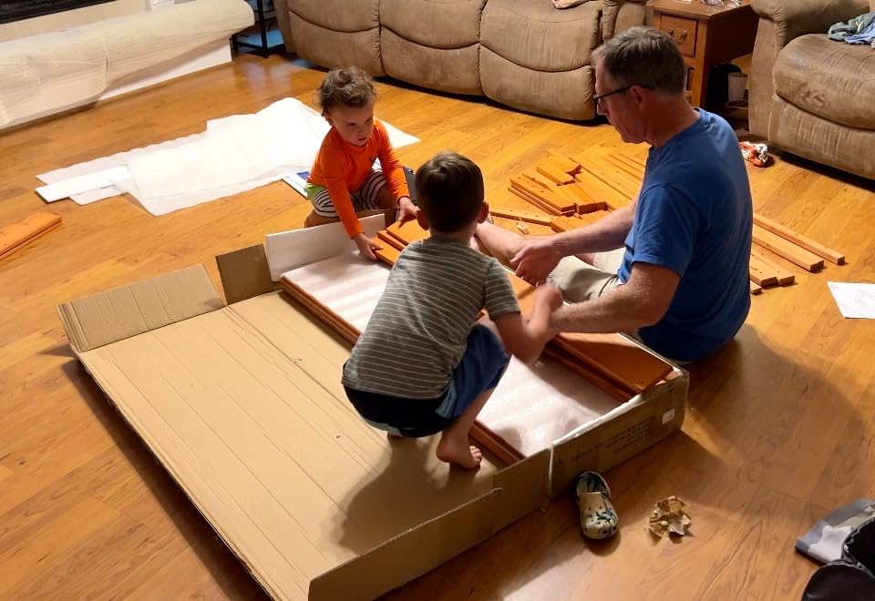 Kids Wooden Sandbox with Cover, Foldable Bench Seats, Retractable Roof, Outdoor Playset, Large Sand Pit with Lid (Natural Wood, Blue & White Striped Canopy, 48 Inch) customer photo 1