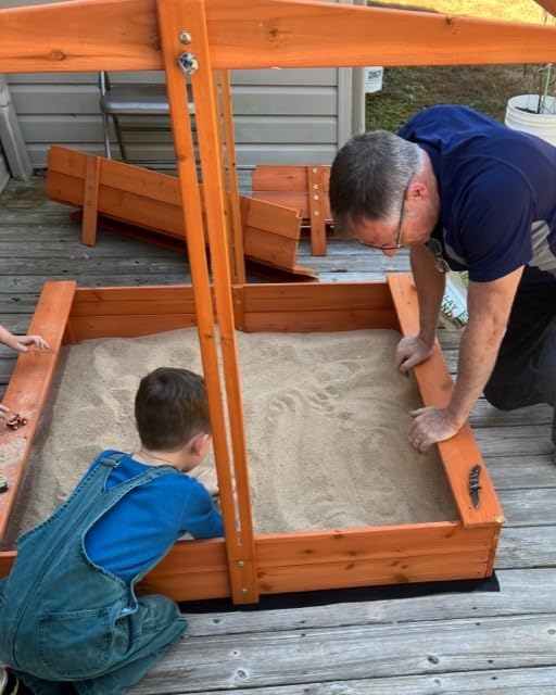 Kids Wooden Sandbox with Cover, Foldable Bench Seats, Retractable Roof, Outdoor Playset, Large Sand Pit with Lid (Natural Wood, Blue & White Striped Canopy, 48 Inch) customer photo 2