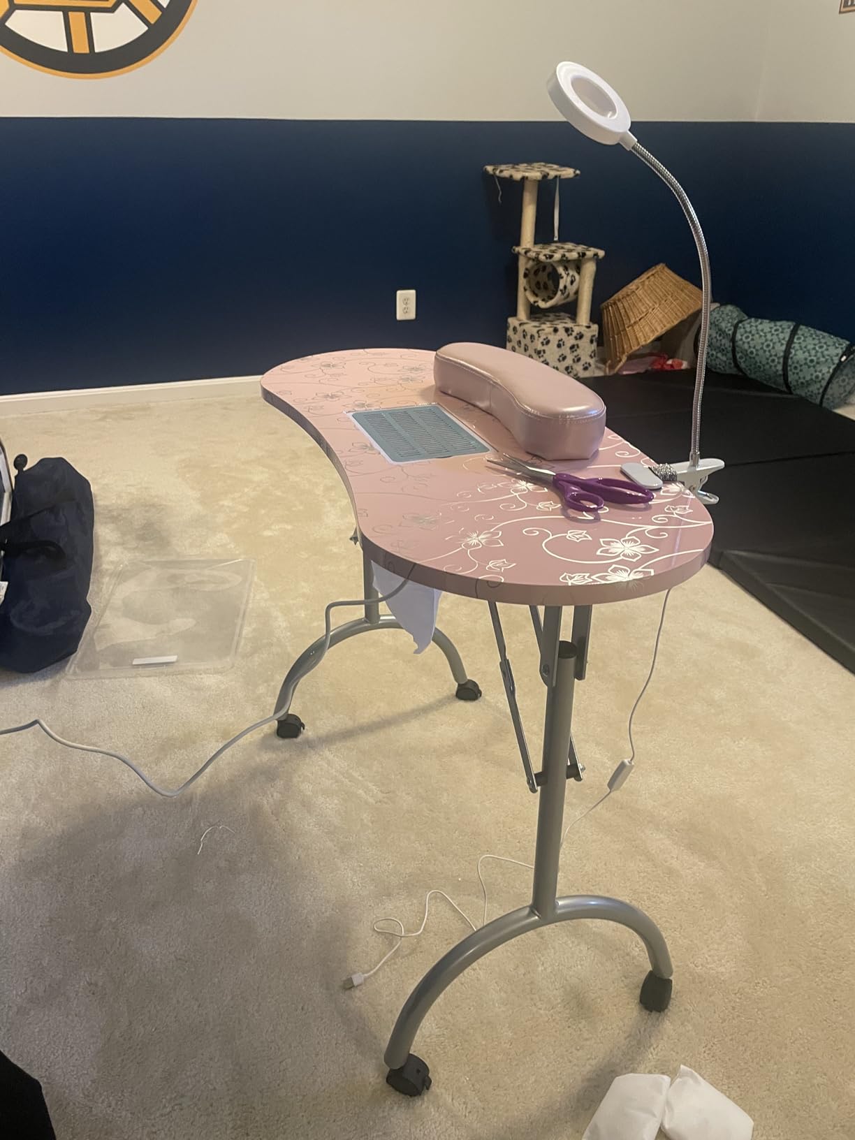 Giantex Nail Table for Nail Tech, Portable Manicure Table with Electric Dust Collector, USB-Plug LED Lamp, Wrist Rest, 4 Lockable Wheels, Foldable Nail Desk with Carry Bag (White) customer photo 1