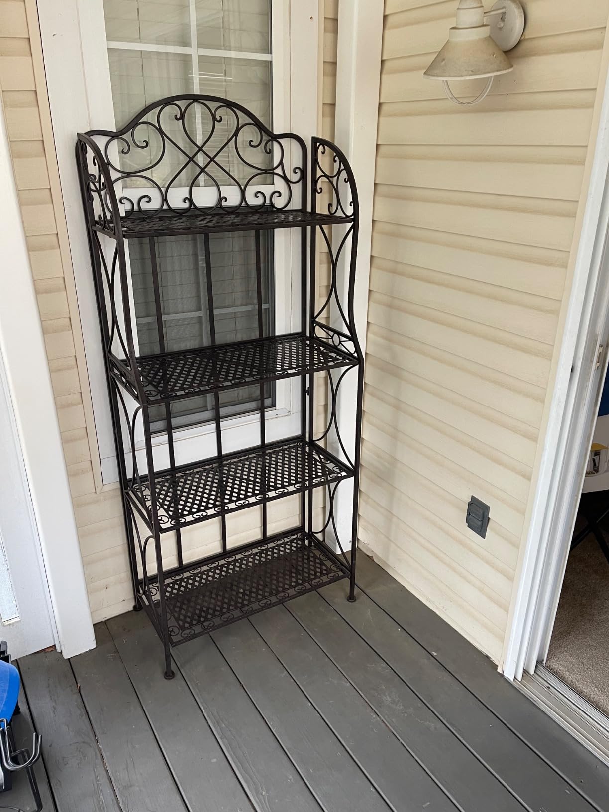 Antique Bronze Four-Tiered Metal Baker's Rack, Free Standing Book Shelves Plants Stand for Kitchen Patio Front Porch Dining Room Living Room, 27