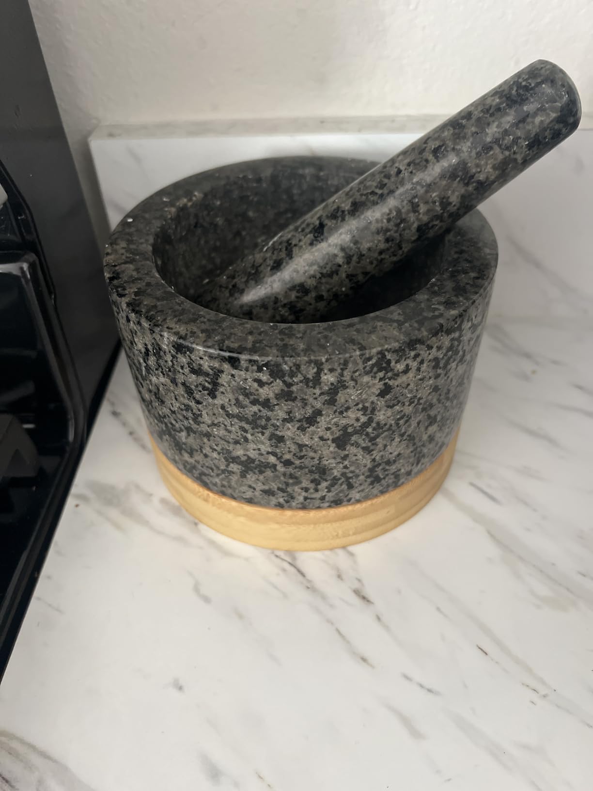 PriorityChef Heavy Duty Mortar and Pestle Set with Bamboo Base, 100% Natural Granite Stone Grinder, Guacamole Bowl and Masher, 4 Cups, Black customer photo 1