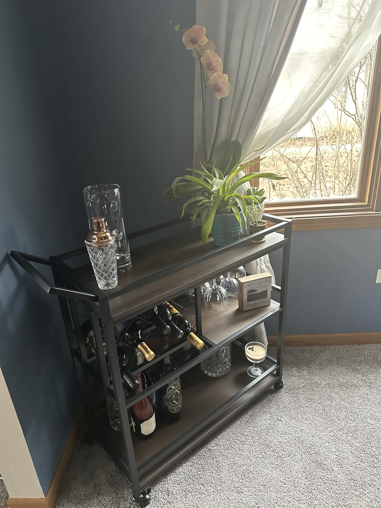 FATORRI Bar Cart with Wheels, Wine & Liquor Cart for Home | Rolling Serving Cart for liquor, 3 Tier Beverage Cart with Wine Rack and Glass Holder, Rustic Oak customer photo 1
