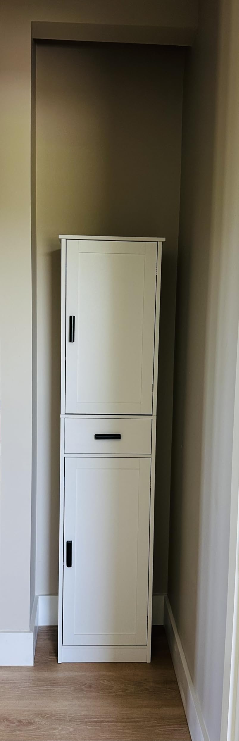 usikey 67'' Tall Bathroom Cabinet, Storage Cabinet with 4 Shelves & 2 Doors, Narrow Storage Cabinets for Bathroom, Living Room, Home Office, White customer photo 1
