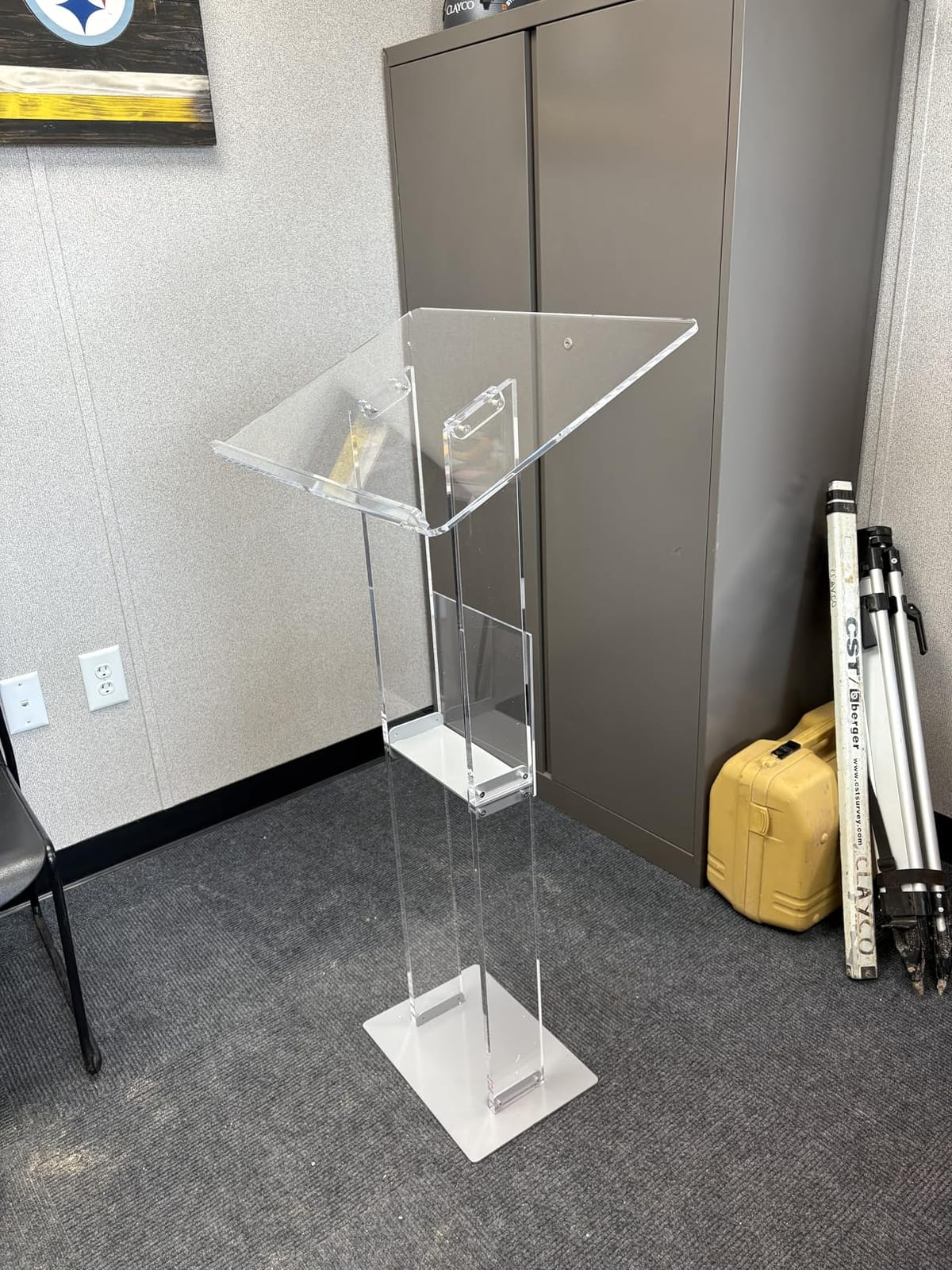 HMYHUM Acrylic Podium Stand with Storage Shelf, 23.6
