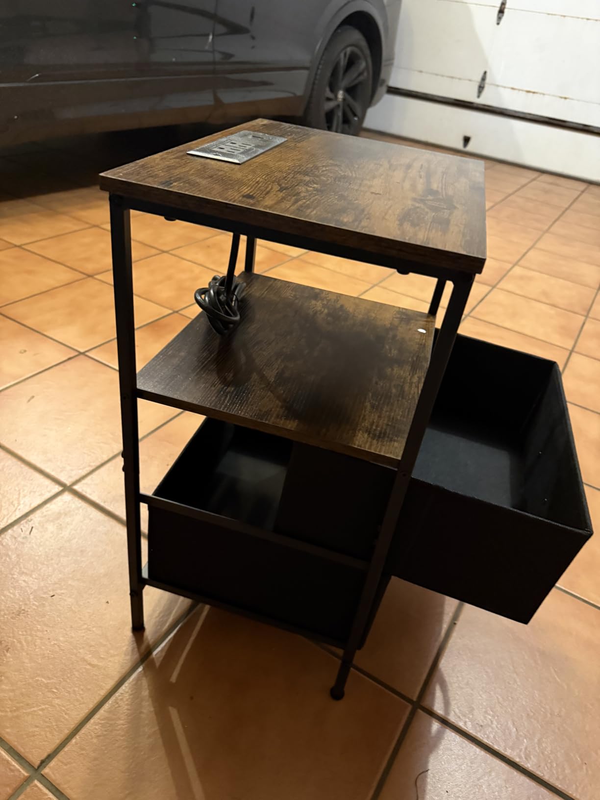 Huuger Nightstand with Charging Station, Side Table with Fabric Drawers, End Table with Open Shelf, Bedside Table with USB Ports and Outlets, Night Stand for Bedroom, Rustic Brown and Black customer photo 2