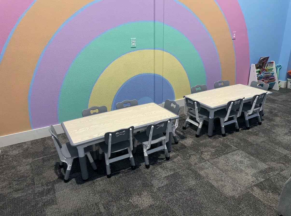 Brelley Height Adjustable Toddler Table and 6 Chairs Set, Beige | Table Supports 300 lbs, Non-Toxic HDPE, Graffiti Desktop, Classroom/Daycare/Home, Children Multi-Activity Table for Ages 3-8 customer photo 2