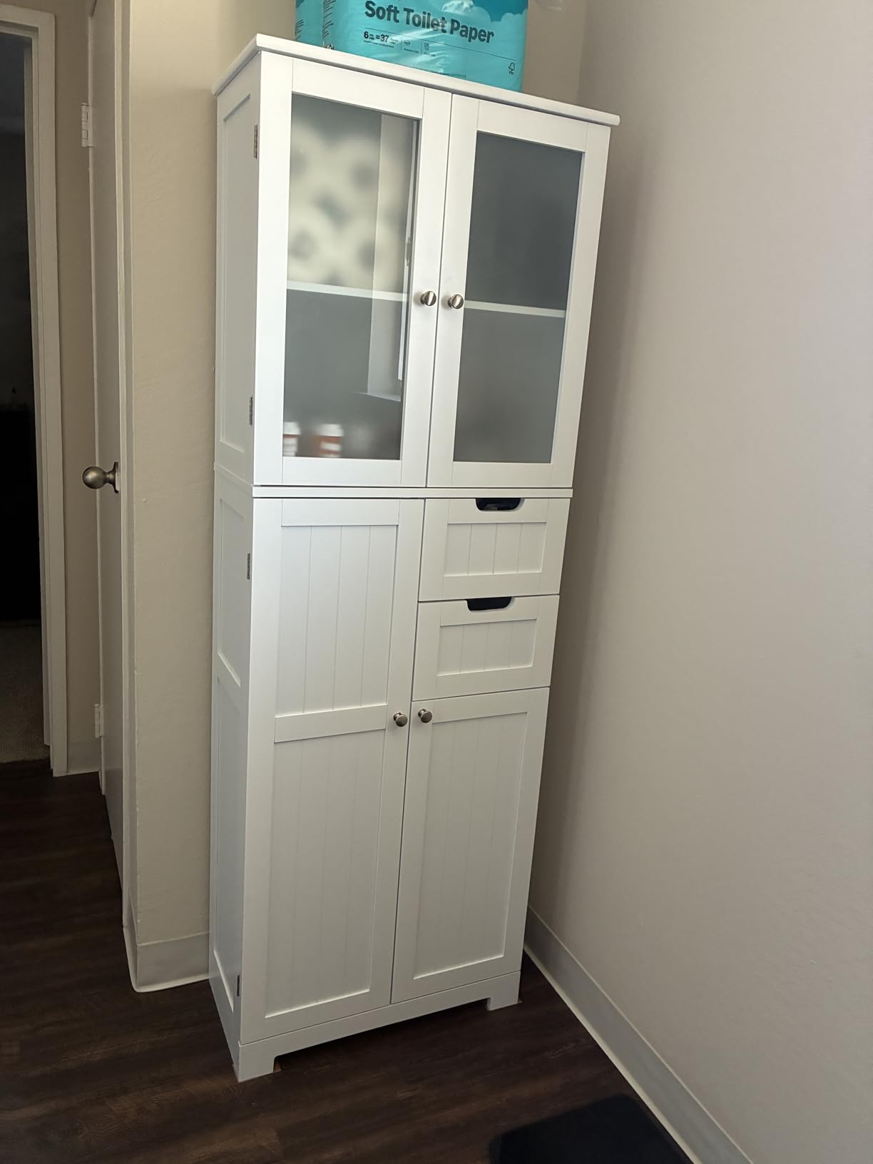 BOTLOG 67'' Tall Bathroom Storage Cabinet, Linen Cabinet with Glass Doors and Adjustable Shelves, Kitchen Pantry with 2 Drawers for Bathroom, Living Room, Dining Room, White customer photo 2
