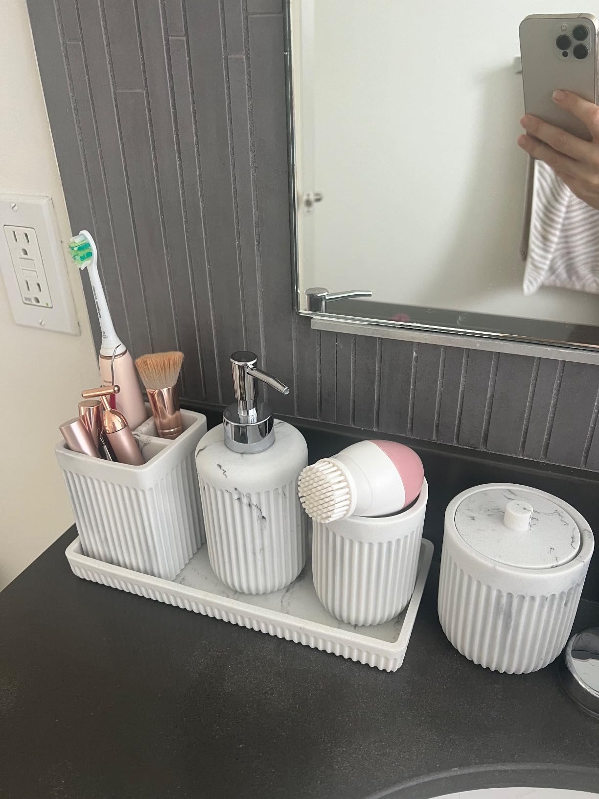 XLHOMO Resin White Marble Bathroom Accessories Set 5 Pcs, Lotion Soap Dispenser, Toothbrush Holder, Bathroom Tumbler, Qtip Holder and Vanity Tray, Bathroom Countertop Organizer Set for Home Apartment customer photo 2