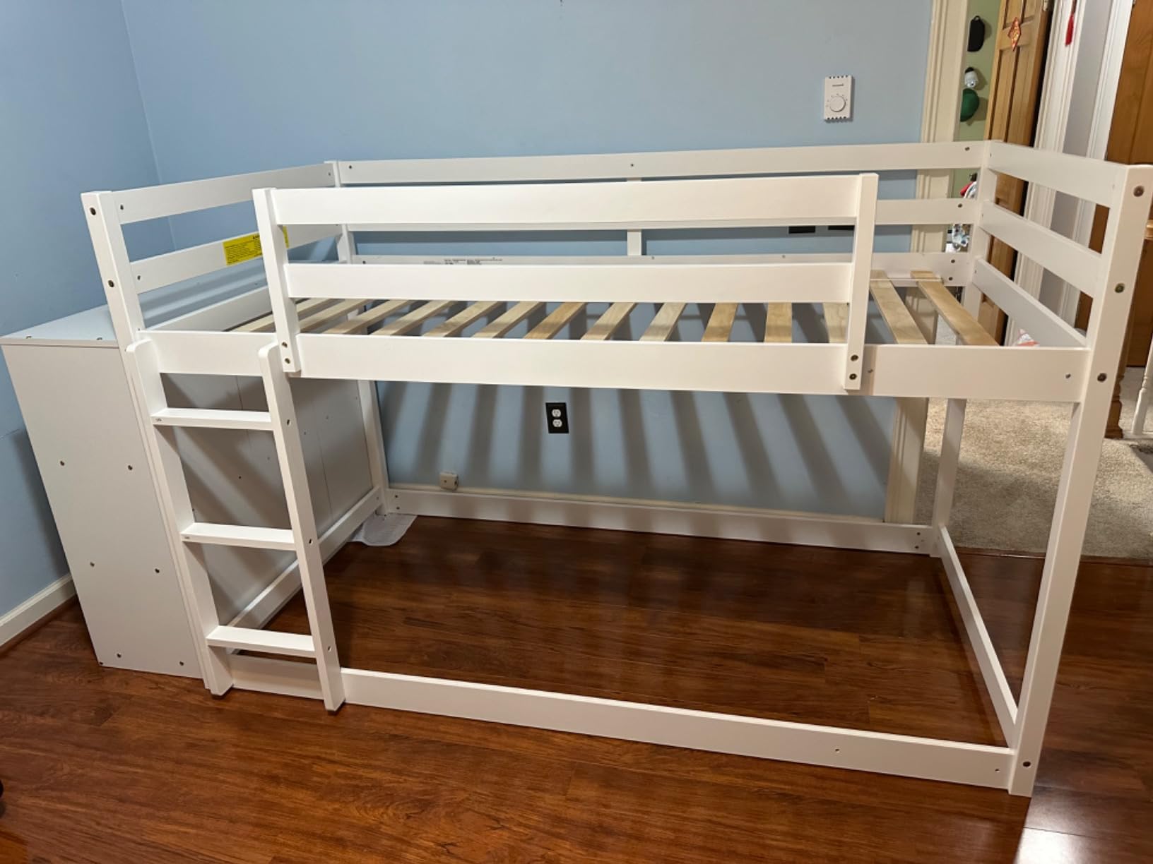 GIANTEX Twin Over Twin Bunk Bed with Storage Shelves, Solid Wood Bunk Bed Frame with Convertible Bookcase & Ladder, Floor Low Bunk Bed with High Guardrails for Kids Teens, No Box Spring Needed, White customer photo 1