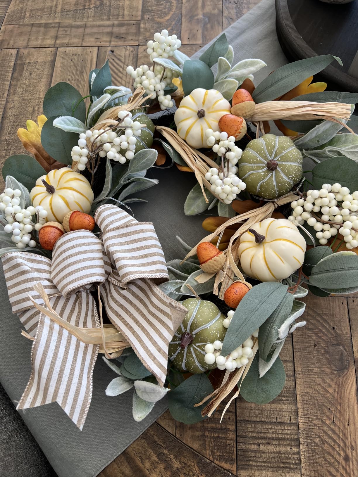Valery Madelyn 20'' Fall Wreaths for Front Door with LED Lights Farmhouse Autumn Wreath with White Pumpkins Bow for Home Porch Thanksgiving Harvest customer photo 2