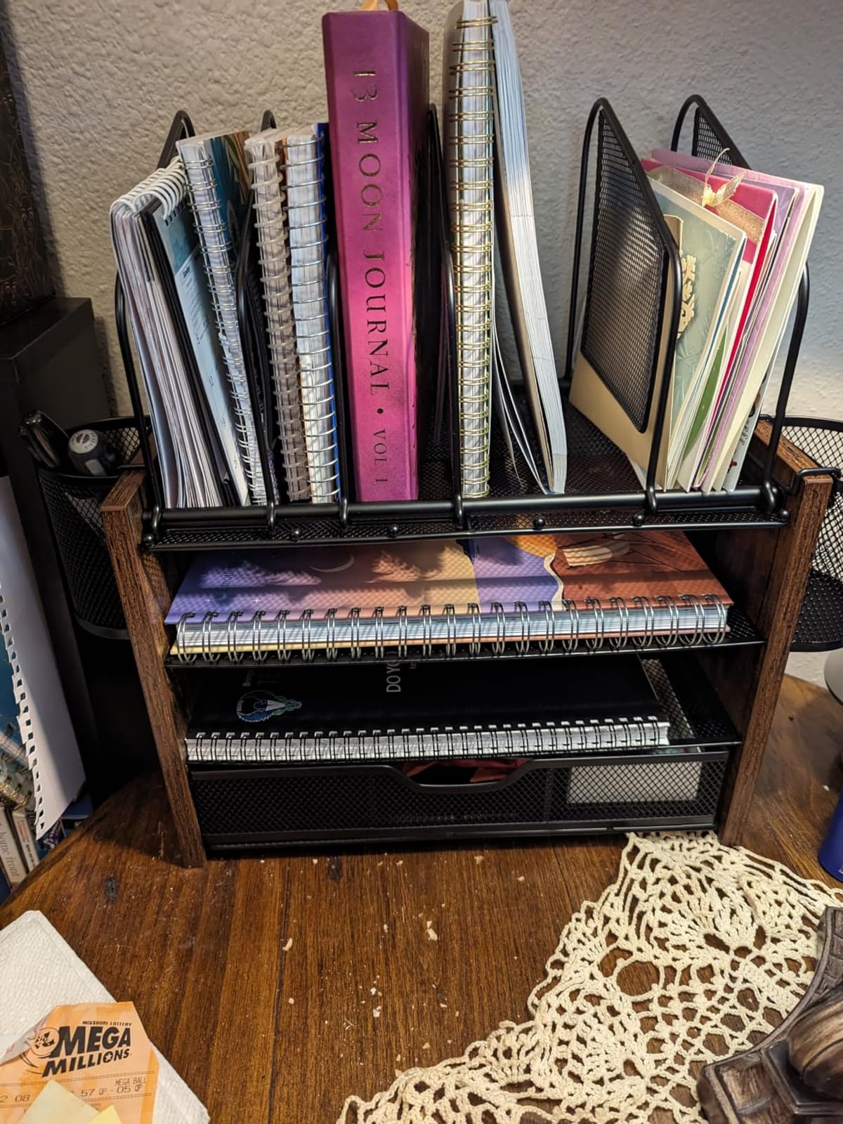 DAOUTIME 4-Tier Mesh Desk Organizer, Wooden Desk File Organizer with 5 Vertical File Holders and 2 Pen Holders, Desktop Organizers and Accessories with Drawer for Home Office customer photo 1