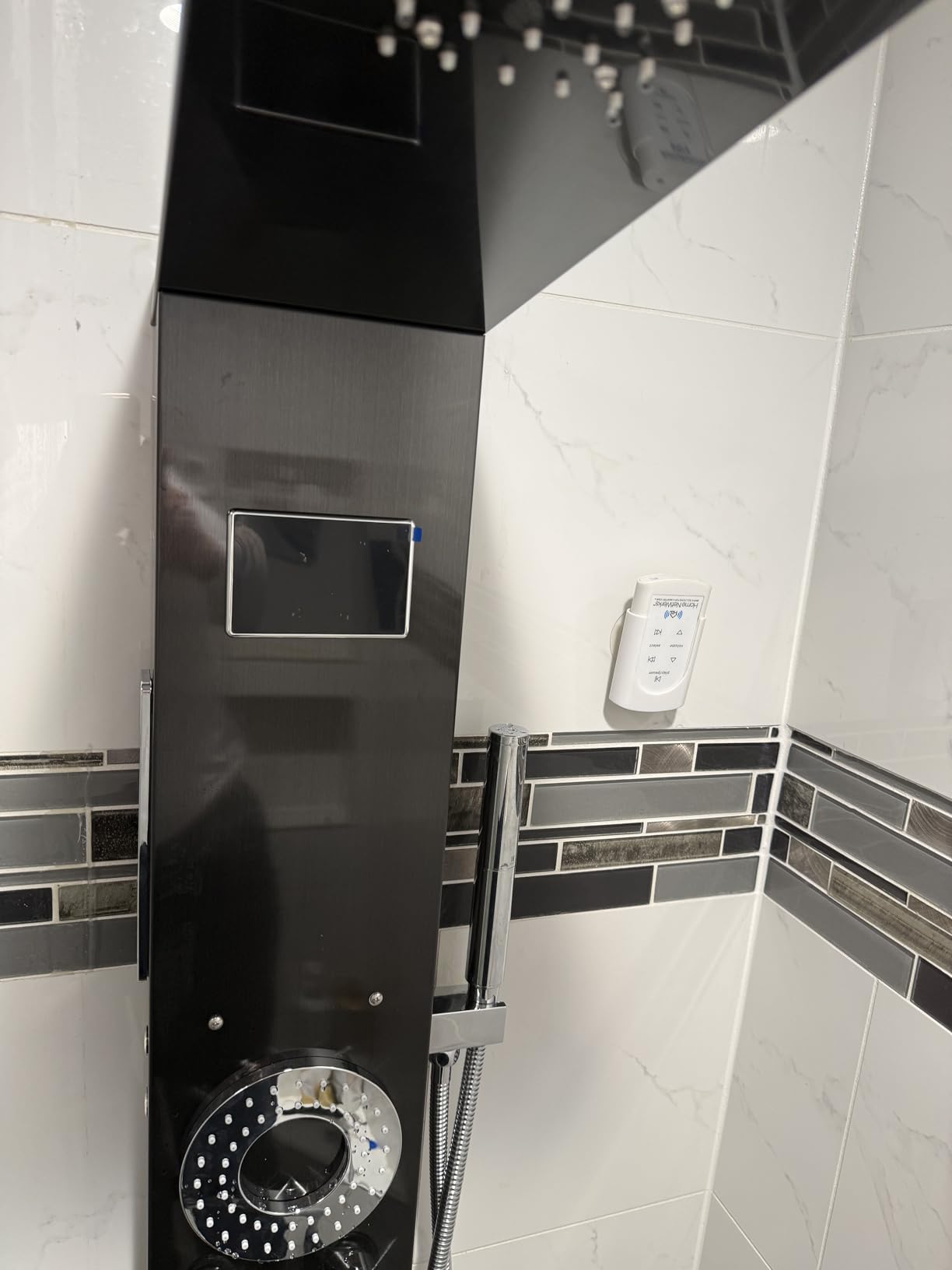 RUMOSE Matte Black Shower Panel Tower System, 5-Mode Shower Faucet Set | LED Light Rainfall Shower Head Digital Display with Massage Jets Tub Spout Shower Shelves, Stainless Steel, Wall Mount customer photo 1