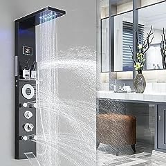 RUMOSE Matte Black Shower Panel Tower System, 5-Mode Shower Faucet Set | LED Light Rainfall Shower Head Digital Display with Massage Jets Tub Spout Shower Shelves, Stainless Steel, Wall Mount customer photo 2