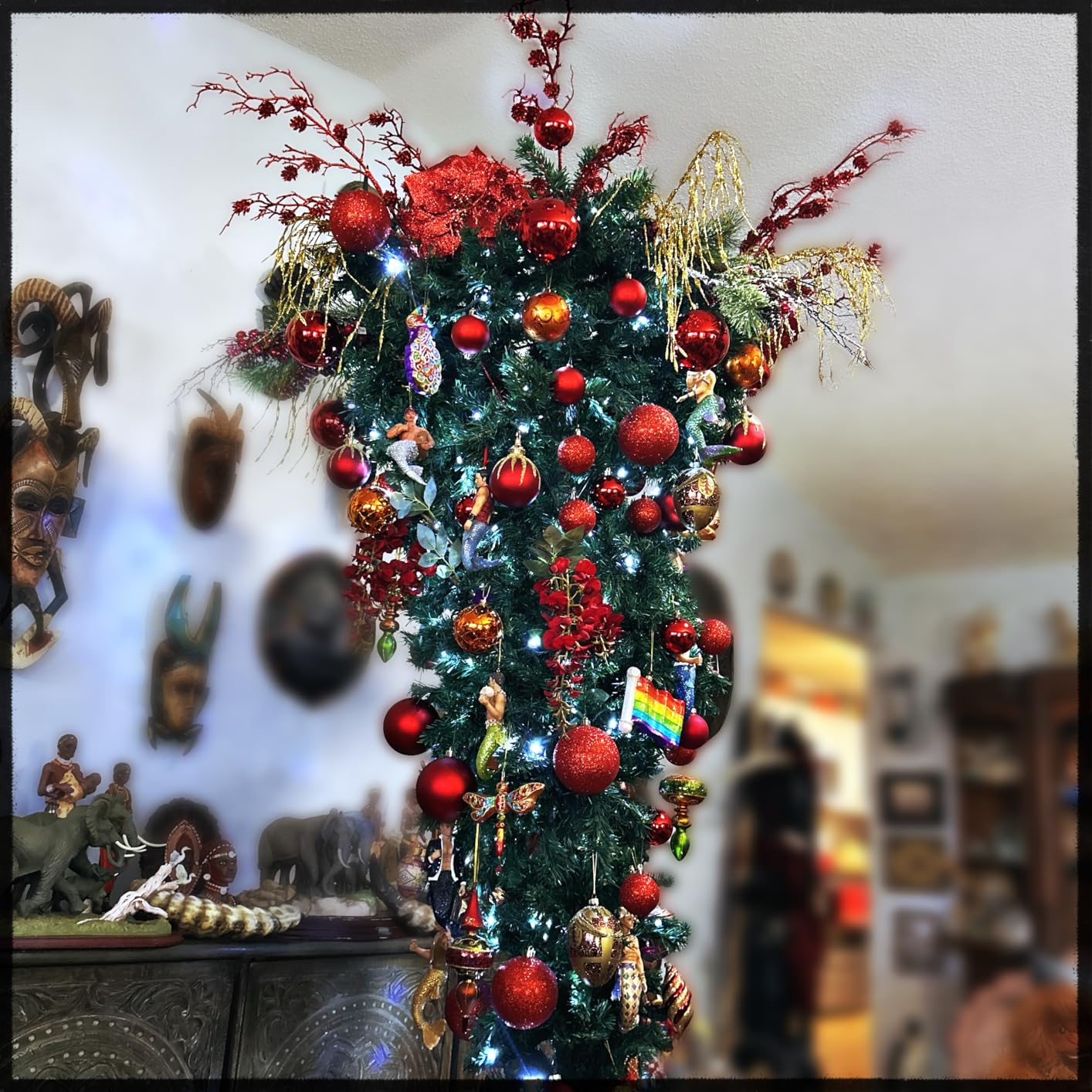 HAPPYGRILL 7.5FT Pre-Lit Upside Down Christmas Tree Snow Christmas Tree with 1100 Branch Tips, 400 LED Lights, 8 Lighting Modes, Artificial Xmas Tree for Holiday Decor customer photo 1