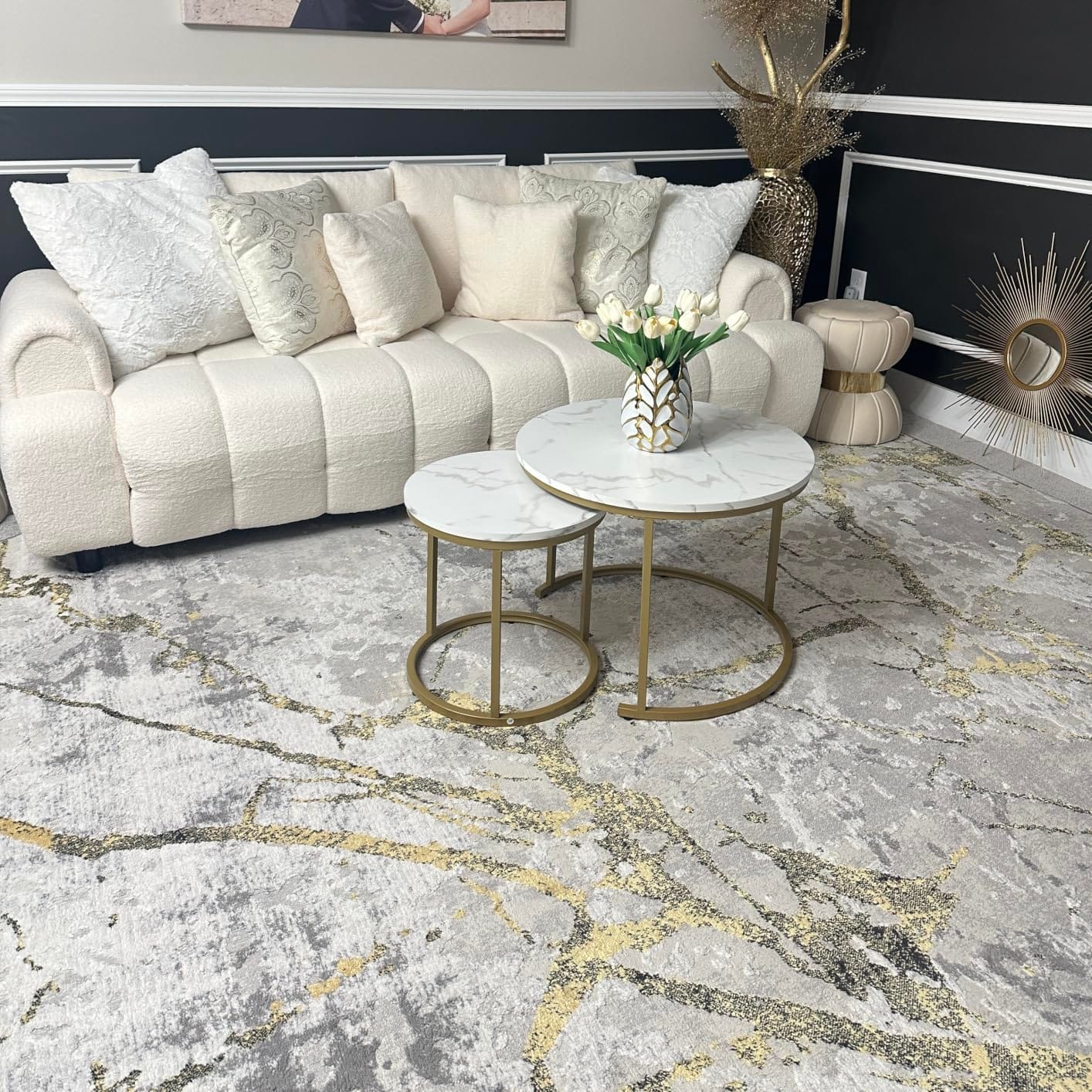 aboxoo Round Nesting Coffee Table Side Table Set of 2 End Tables for Living Room Bedroom Balcony, White Faux Marble Wooden Table Accent Coffee Table with Black Steel Frame customer photo 1