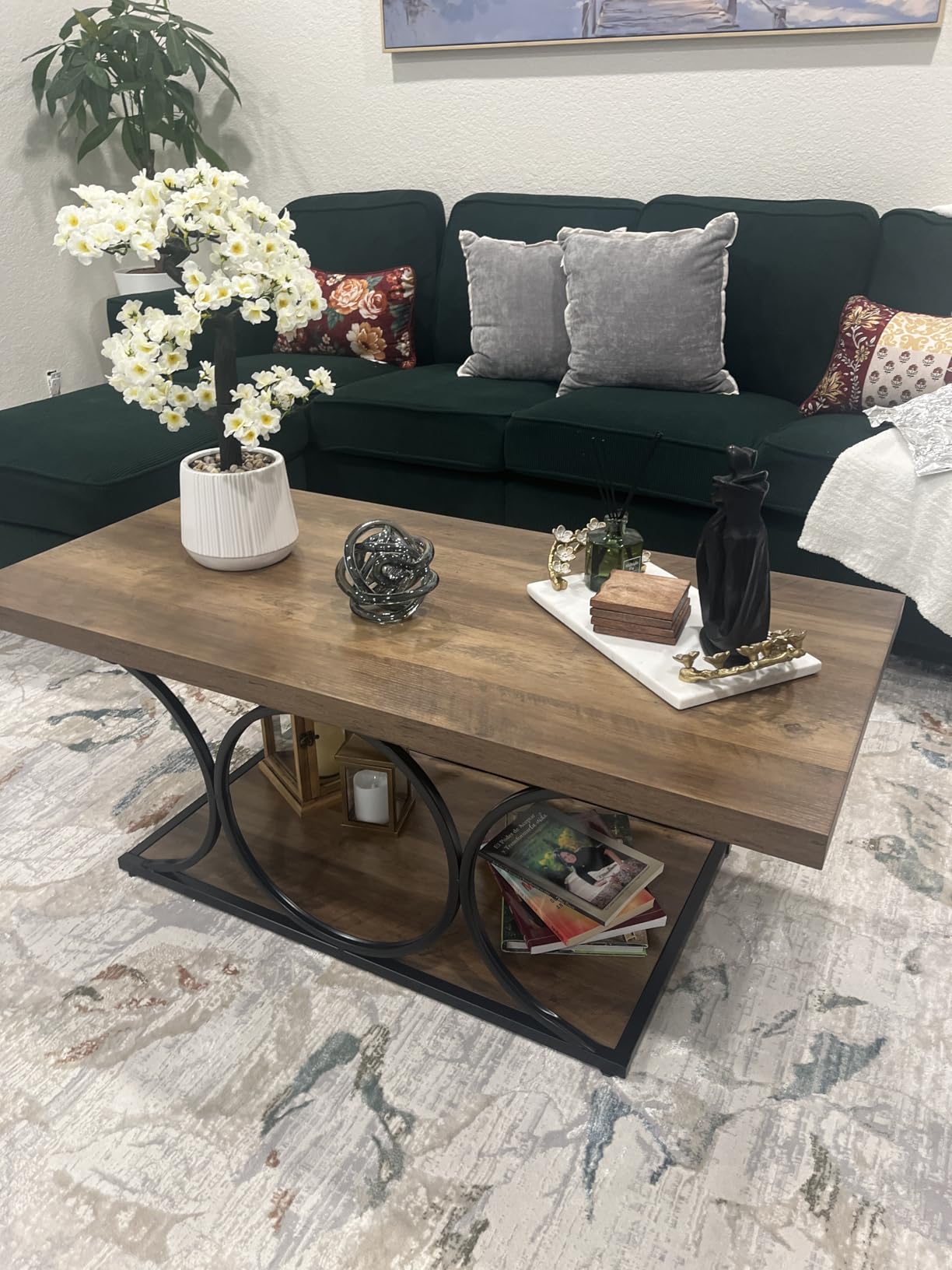Tribesigns 46.45 Rectangle Coffee Table, Modern Coffee Tables for Living Room, 2-Tier Faux Marble Wood Coffee Table with Geometric Legs, Furniture with Storage Shelf (White & Gold) customer photo 2