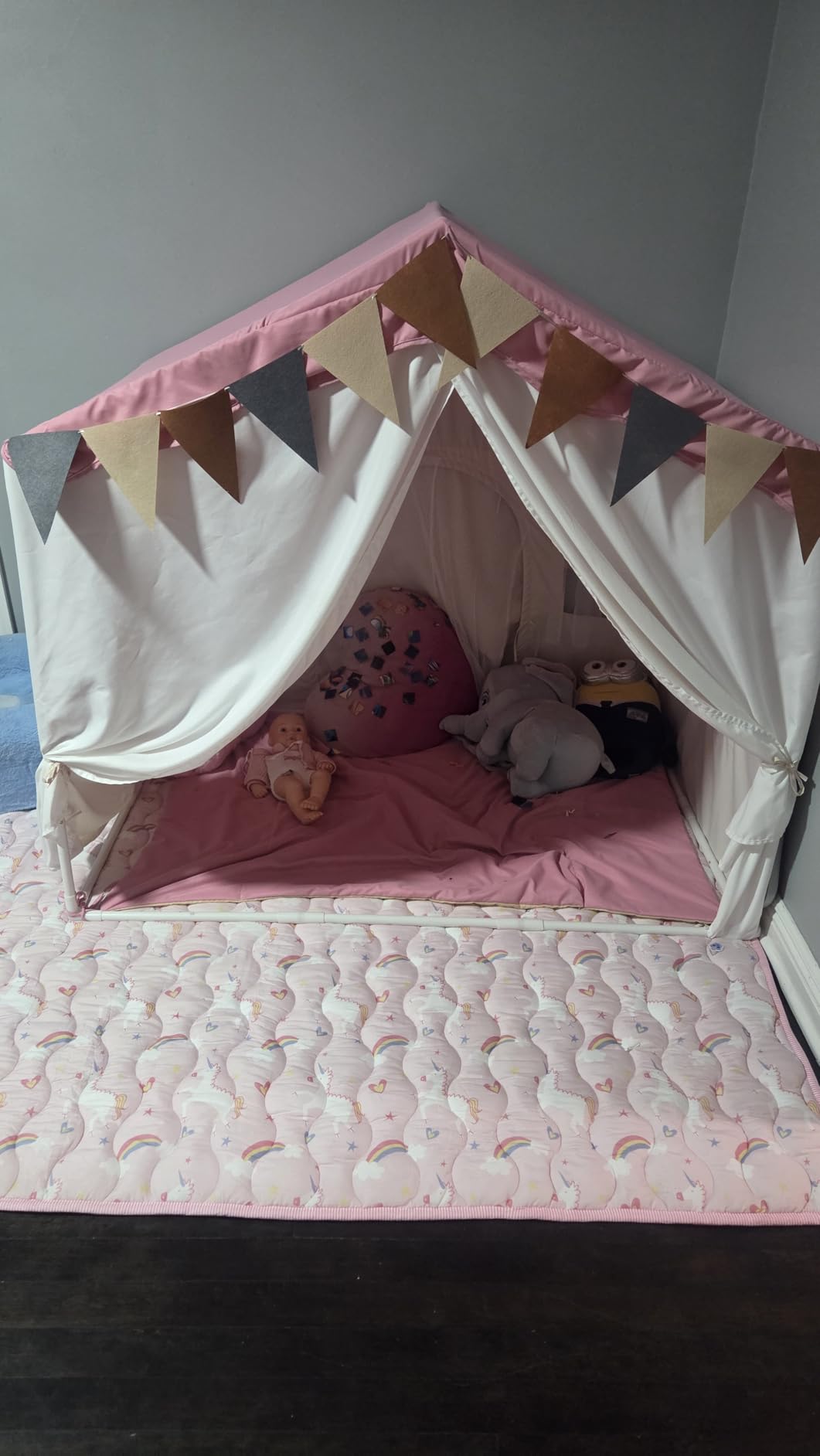 Besrey Kids Play Tent 2 in 1 with Padded Mat and Lights, Large Kids Playhouse with 2 Doors & 4 Windows, Indoor & Outdoor, Toddler Tent for Kids Indoor, 51