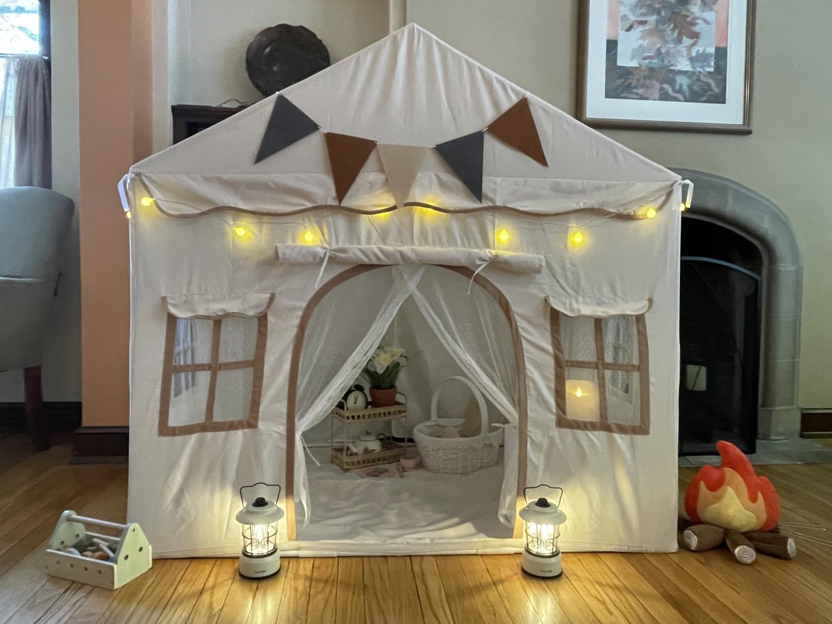 Besrey Kids Play Tent 2 in 1 with Padded Mat and Lights, Large Kids Playhouse with 2 Doors & 4 Windows, Indoor & Outdoor, Toddler Tent for Kids Indoor, 51