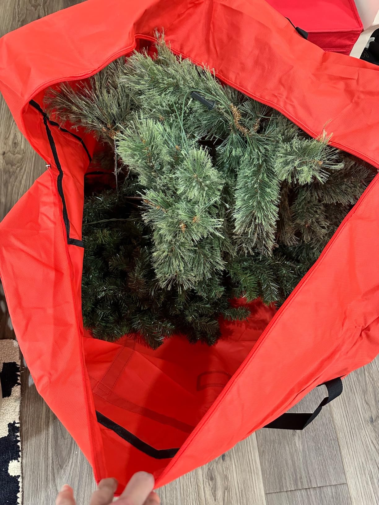 HikooLSS Christmas Tree Storage Bag 12 Ft Tall Tree Container Heavy Duty | Oxford Dual Mesh Pockets, Moistureproof, Extra Large Christmas Tree Box for Big Xmas Tree Wide Opening Red(65X23X27in) customer photo 2