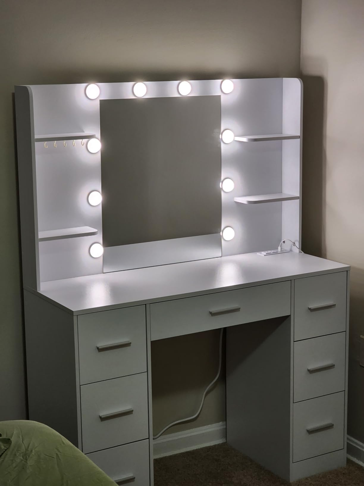 Quimoo Large Vanity Desk with LED Lighted Mirror & Power Outlet, Makeup Vanity Table with 7 Drawers, 4 Shelves and 5 Hooks, Vanity Table, Vanity Desk Set for Bedroom, Bathroom, White customer photo 2