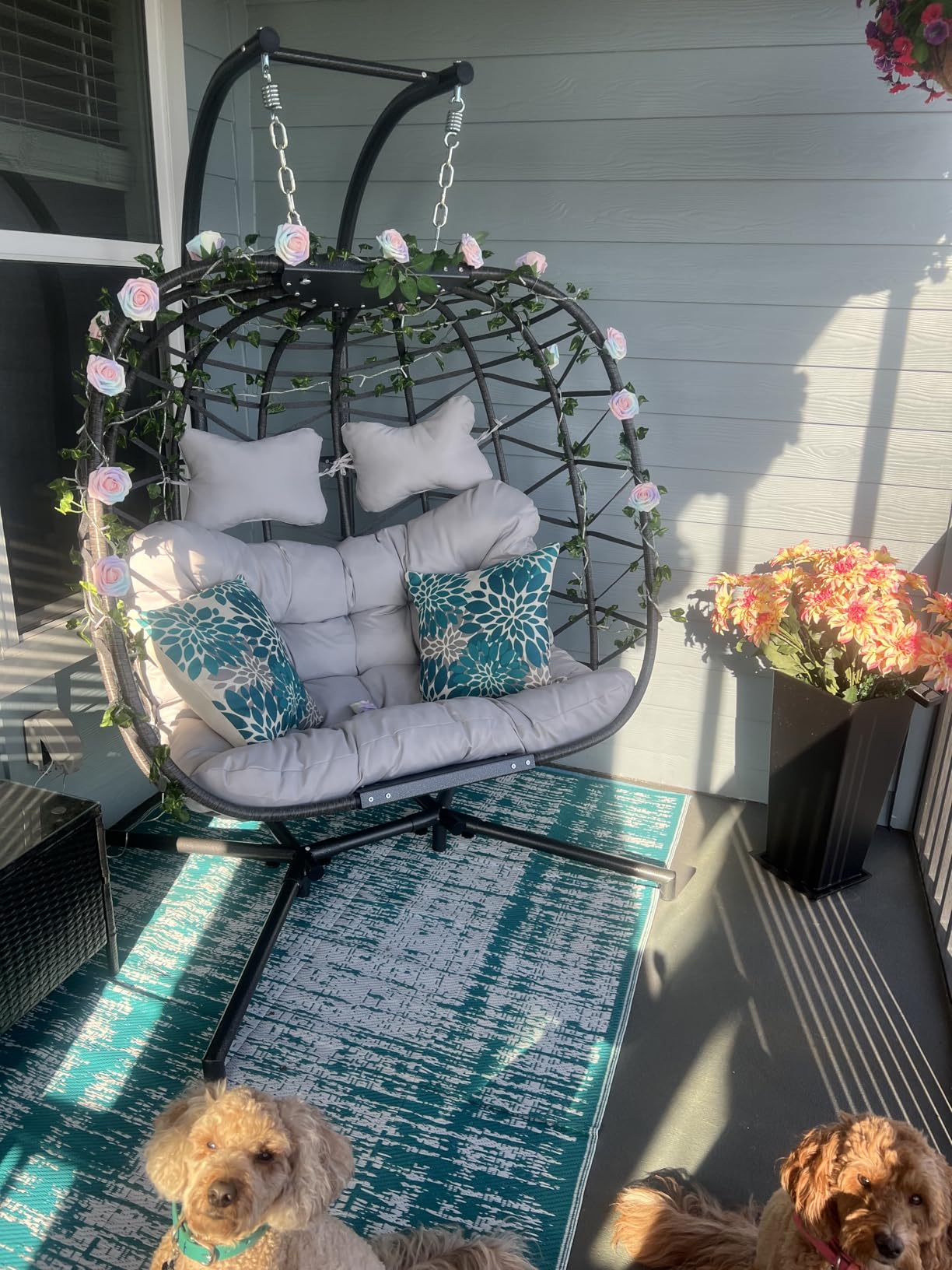 NICESOUL Outdoor Double Egg Chair with Stand, XL Large & Wide All-Weather Cushioned Swing Chair, Heavy Duty Rattan Egg Hammock Loveseat with Stand for Patio Porch Balcony Backyard or Indoor, Turquoise customer photo 2