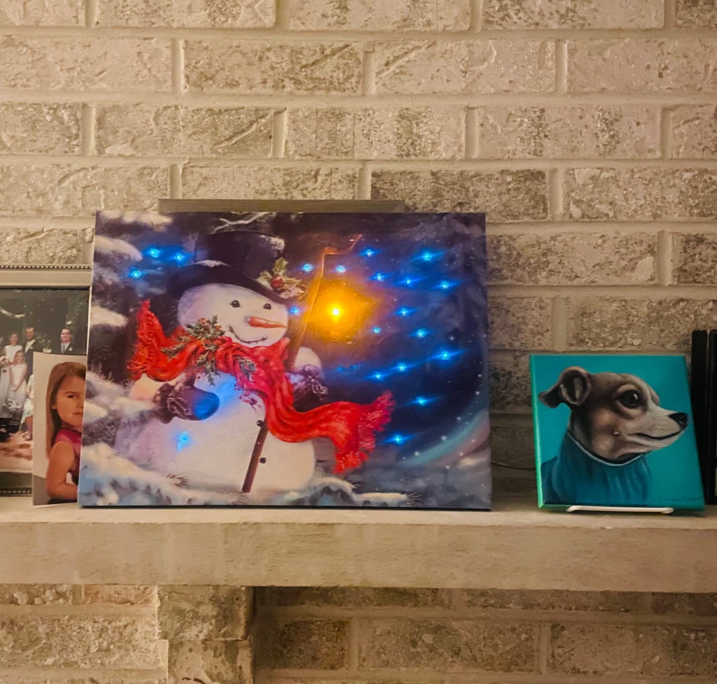 Lighted Snowman Canvas Wall Art Set of 2, LED Christmas Snowman Prints with Red Scarf and Lantern, Winter Holiday - Battery Operated Scene for Living Room, Entryway, Mantel, 11.75