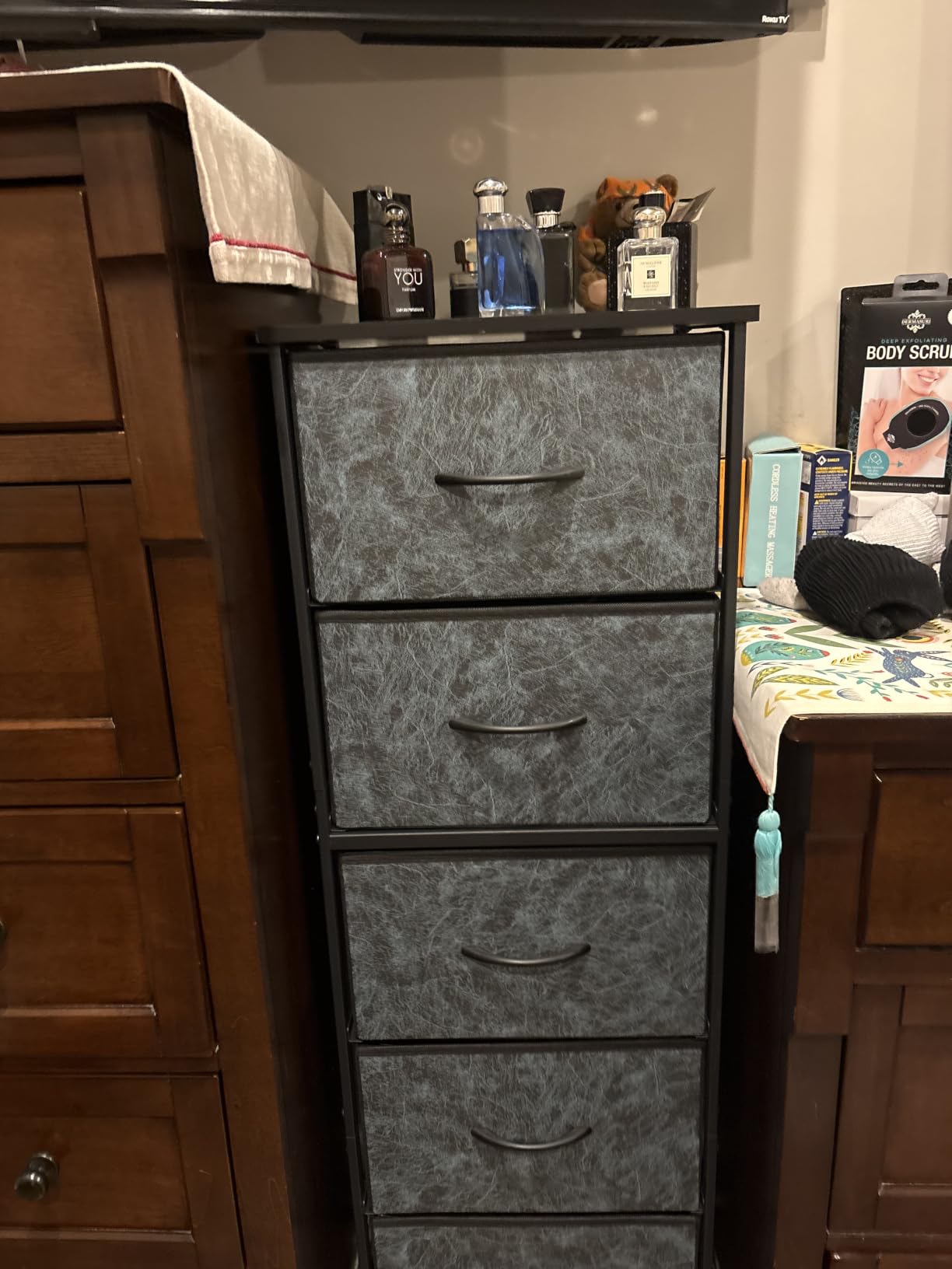 WLIVE Tall Dresser for Bedroom, 5 Drawer Dresser, Rustic Brown | 5 vertical fabric drawers, Tall vertical design, Bedroom or closet use, Dresser for small spaces, Chest of drawers customer photo 2