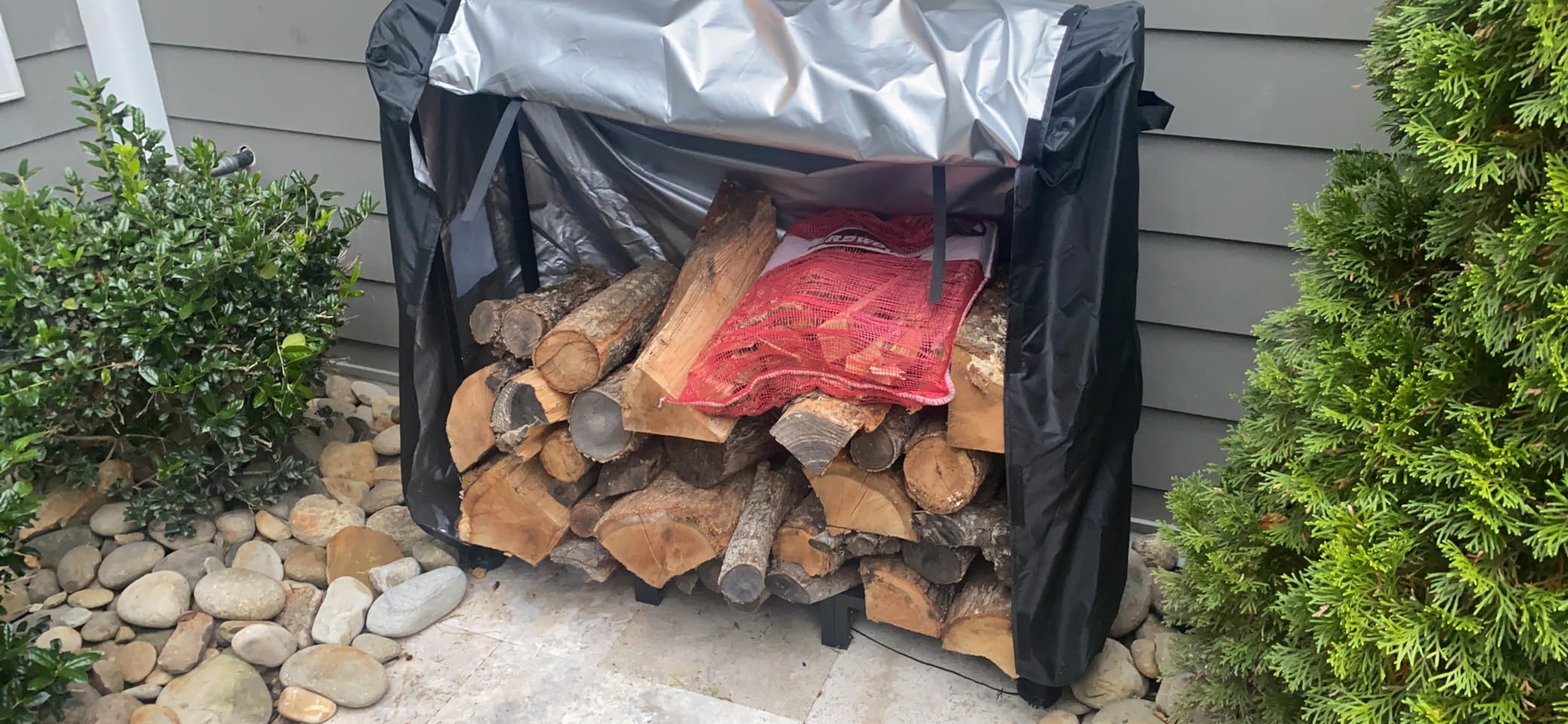 34inch Firewood Rack Indoor with Log Carrier, Outdoor Wood Rack for Firewood | Fire Wood Storage with Kindling Hooks, Adjustable Pads, Heavy Duty Logs Holder for Fireplace Deck Outdoor, Black customer photo 2