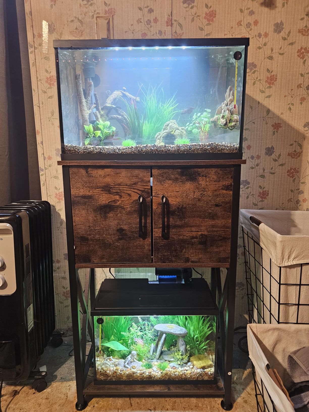 Herture 5-10 Gallon Fish Tank Stand, Metal Double Aquarium Stand with Cabinet for Fish Tank Accessories Storage, Heavy Duty 20.5