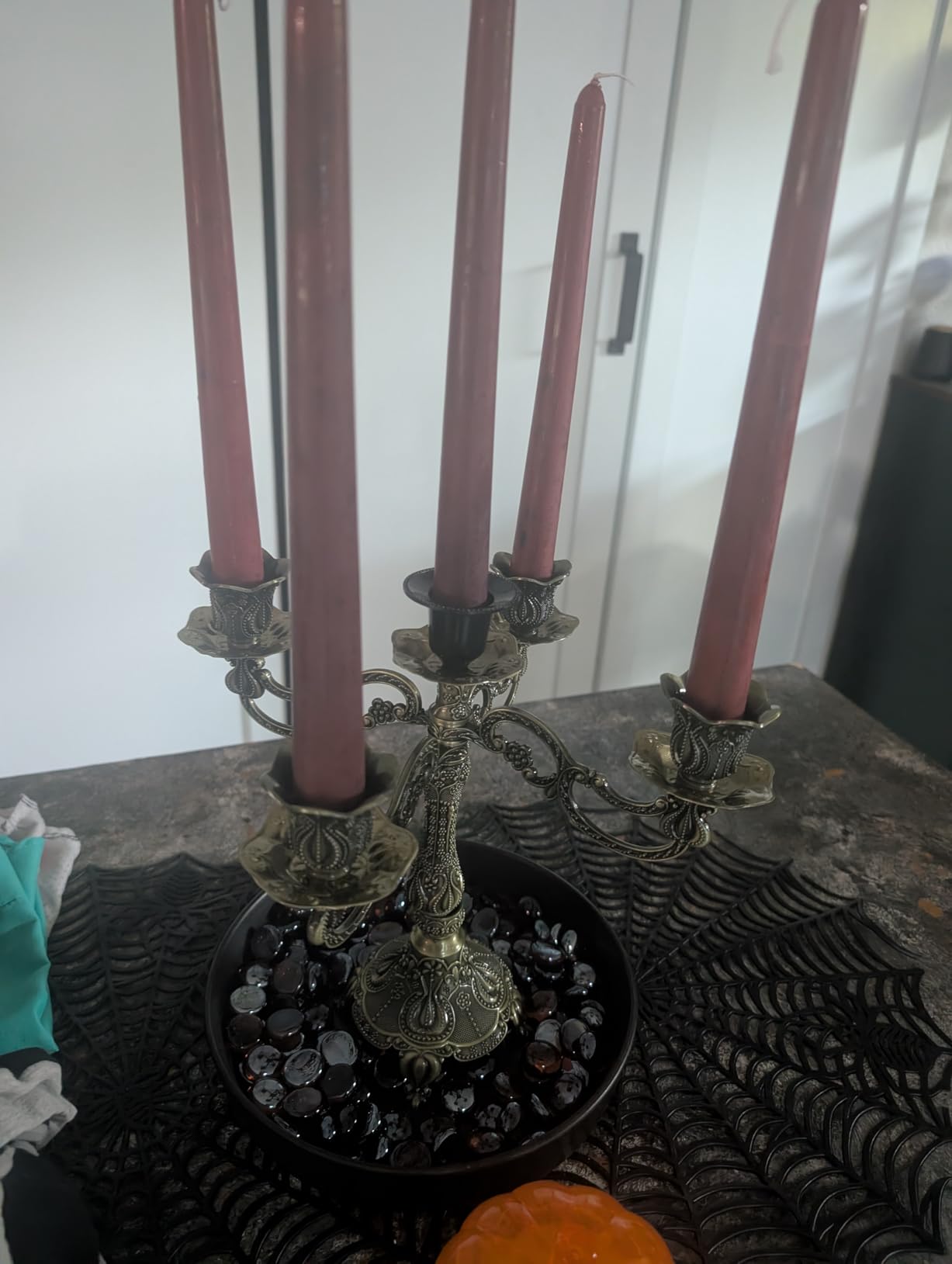 Peohud 5-Candle Metal Candelabra, 10 Inch Tall 5 Arms Candle Holder Stick for Taper Candles, Vintage Candelabra Candle Stand for Home Decor, Event, Wedding, Party, Bronze customer photo 2