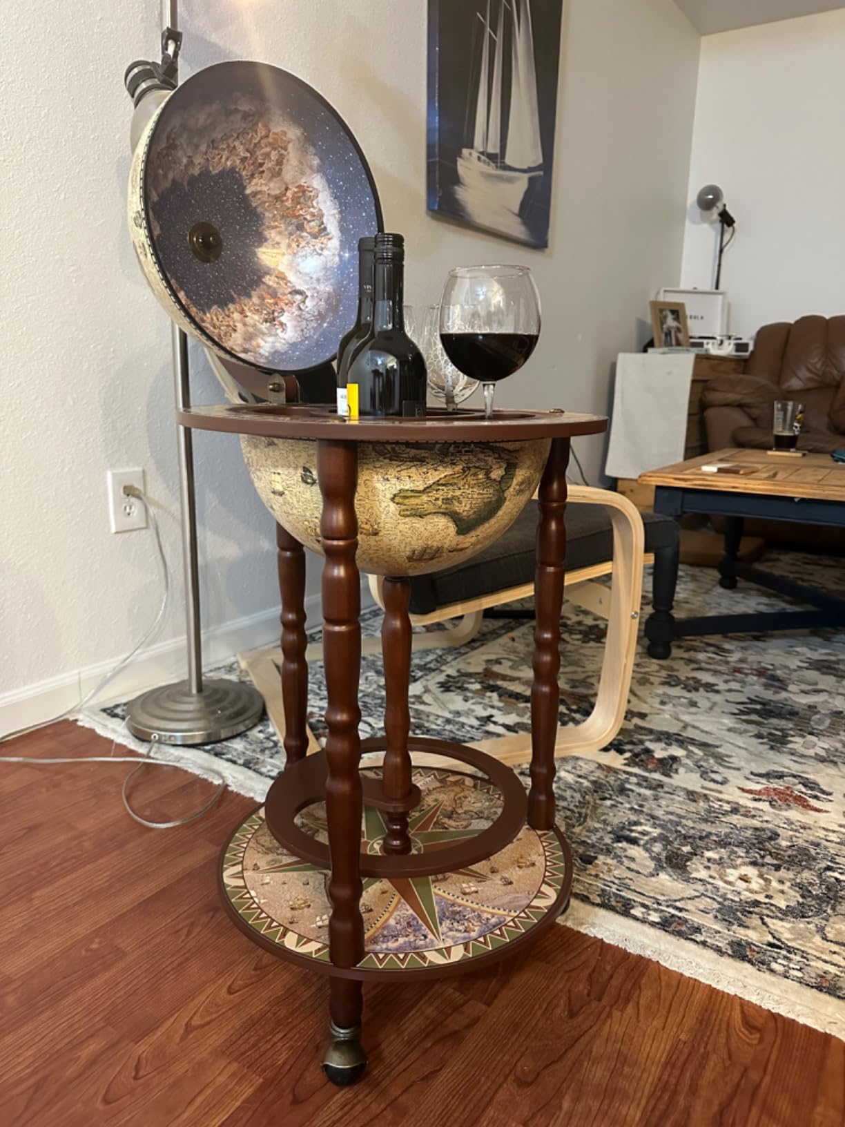 MEDIMALL Wood Globe Bar Liquor Cabinet, 16th Century Italian Replica Bar Stand for Liquor, Wine, Stemware, Vintage Alcohol Cart w/Liquor Shelves, Globe Bar Cart for Living Room, Dining Room customer photo 2