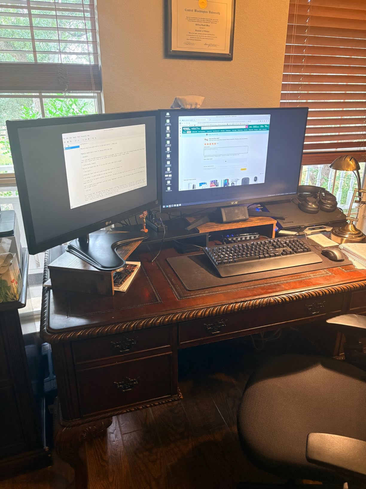 TAVR Dual Monitor Stand Riser, Wooden Computer Monitor Stand for 2 Monitors | Extra Long Multifunctional Desktop Organizer Riser for TV, PC Monitor, Laptop, Printer, Max 43.3