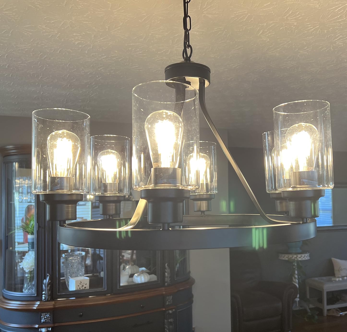 Lanhall 6-Light Farmhose Chandelier for Dining Room Light Fixture Faux Wood Kitchen Pendant Light Round Rustic Ceiling Hanging Lighting with Glass Globes Adjustable Height Metal E26 customer photo 2