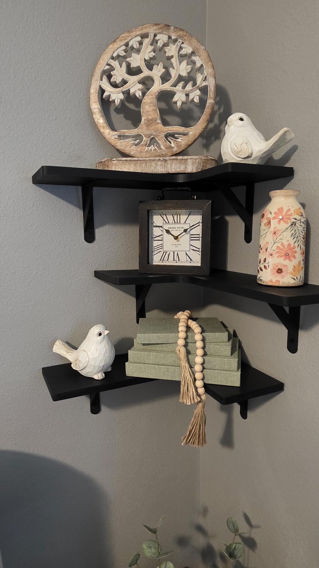 Fixwal Conner Shelves Wall Mounted for Decor, Walnut Brown Set of 5, Solid wood shelf with metal brackets, holds 40 lbs. Optimizes corner storage. Fits bathroom, kitchen, bedroom & living room. customer photo 2