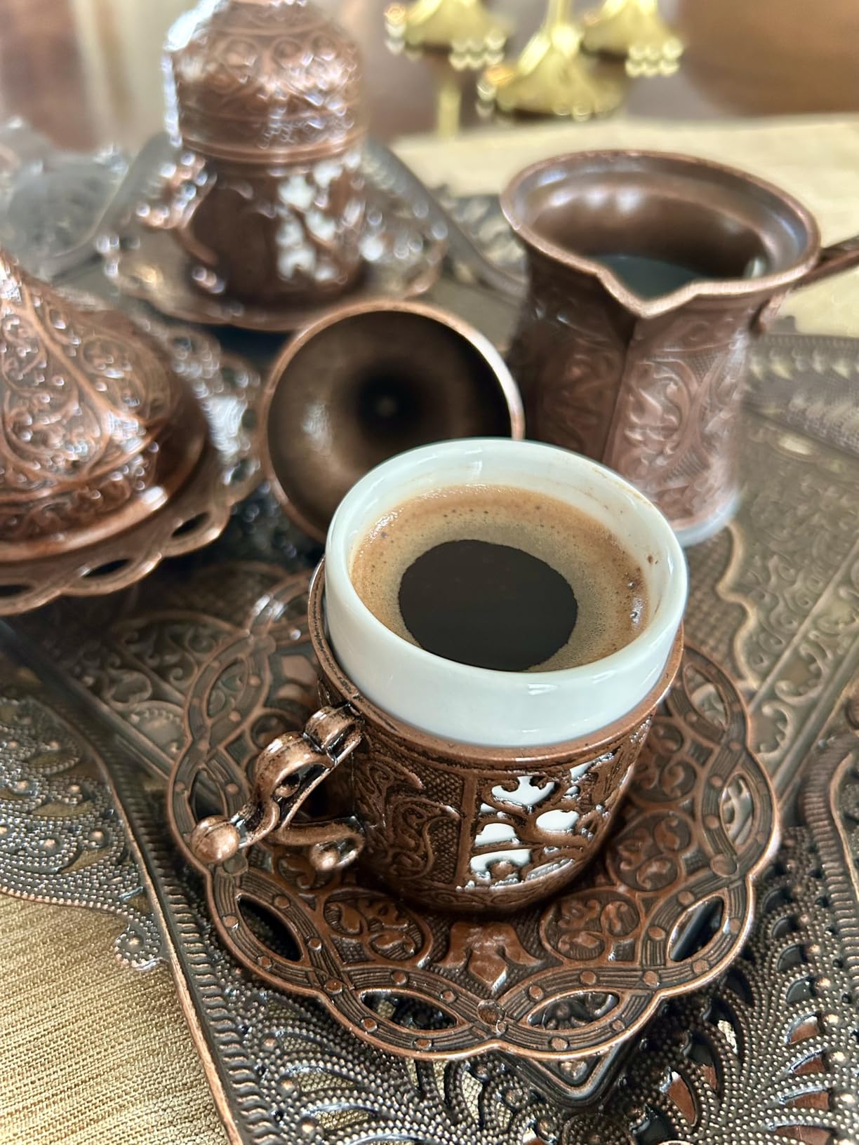 Alisveristime Premium Turkish Coffee Set - 12-Person Turkish Coffee, Cezve, 2-Person Cups, Delight Bowl, and Tray (4 Colors) (Brown) customer photo 2