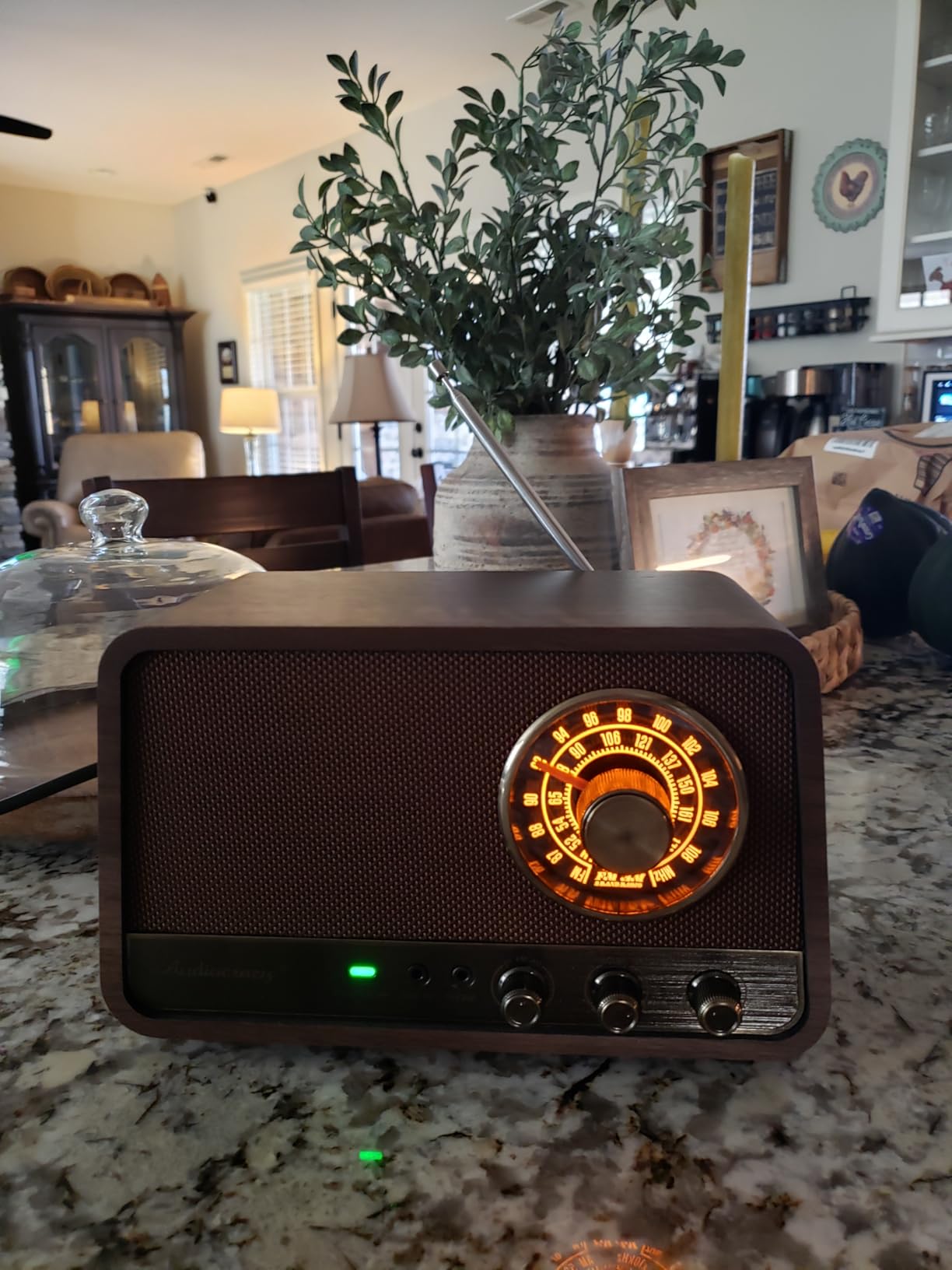 Vintage Wood AM FM Bluetooth Radio, 10W Powerful Sound, Espresso | Tabletop Retro Bluetooth Speaker, Amber-Glowing Dial, Bass Control, AUX & Headphone Jack, Vintage Decor for Office, Home customer photo 1
