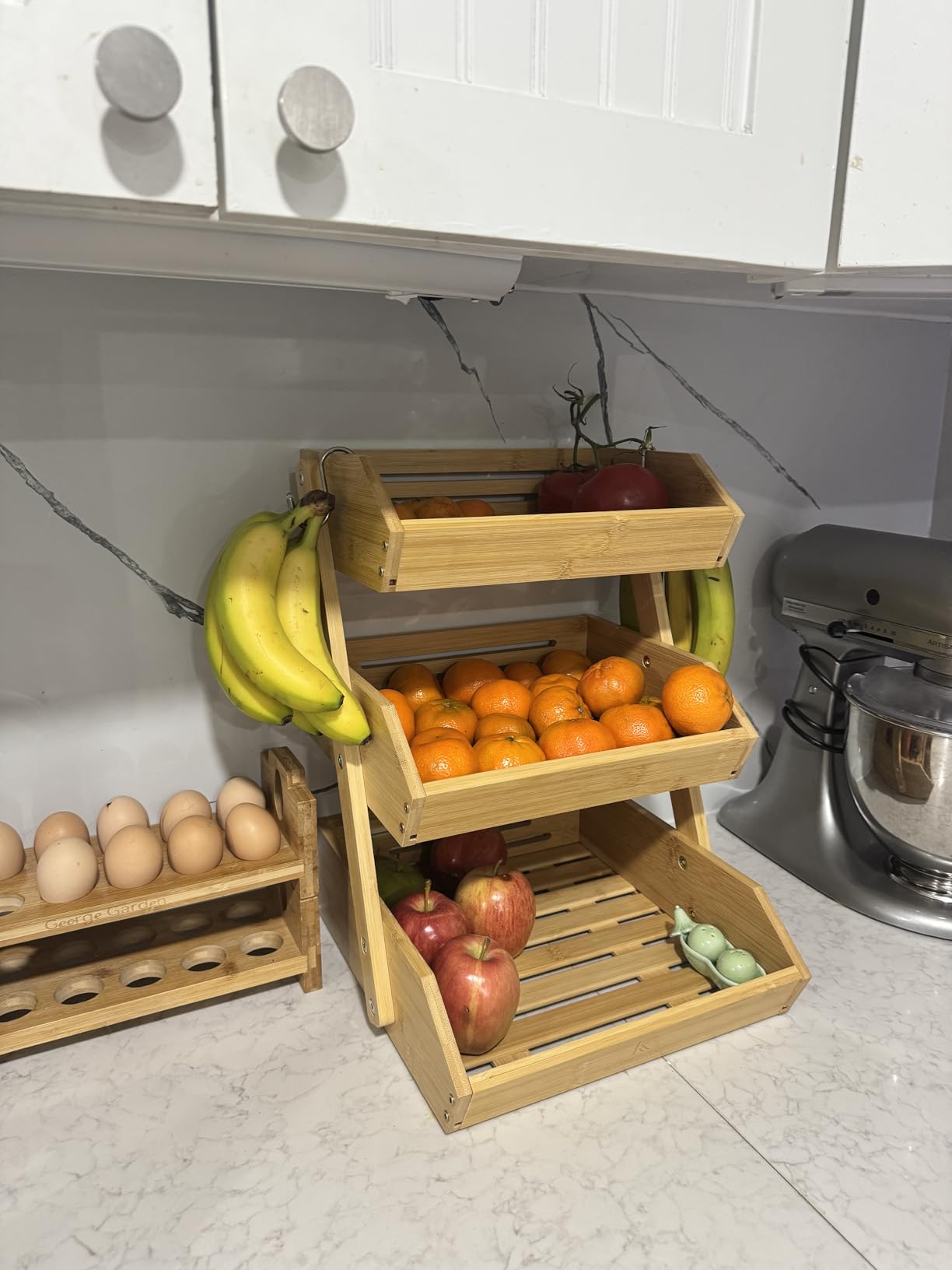 KOMFORA Bamboo 3 Tier Fruit Basket, Produce Basket for Kitchen Counter | Premium Durable Wood Stand and Organizer for Countertop, Easy to Assemble, 2 Hangers, Holds Vegetables, Bread and Snacks customer photo 2