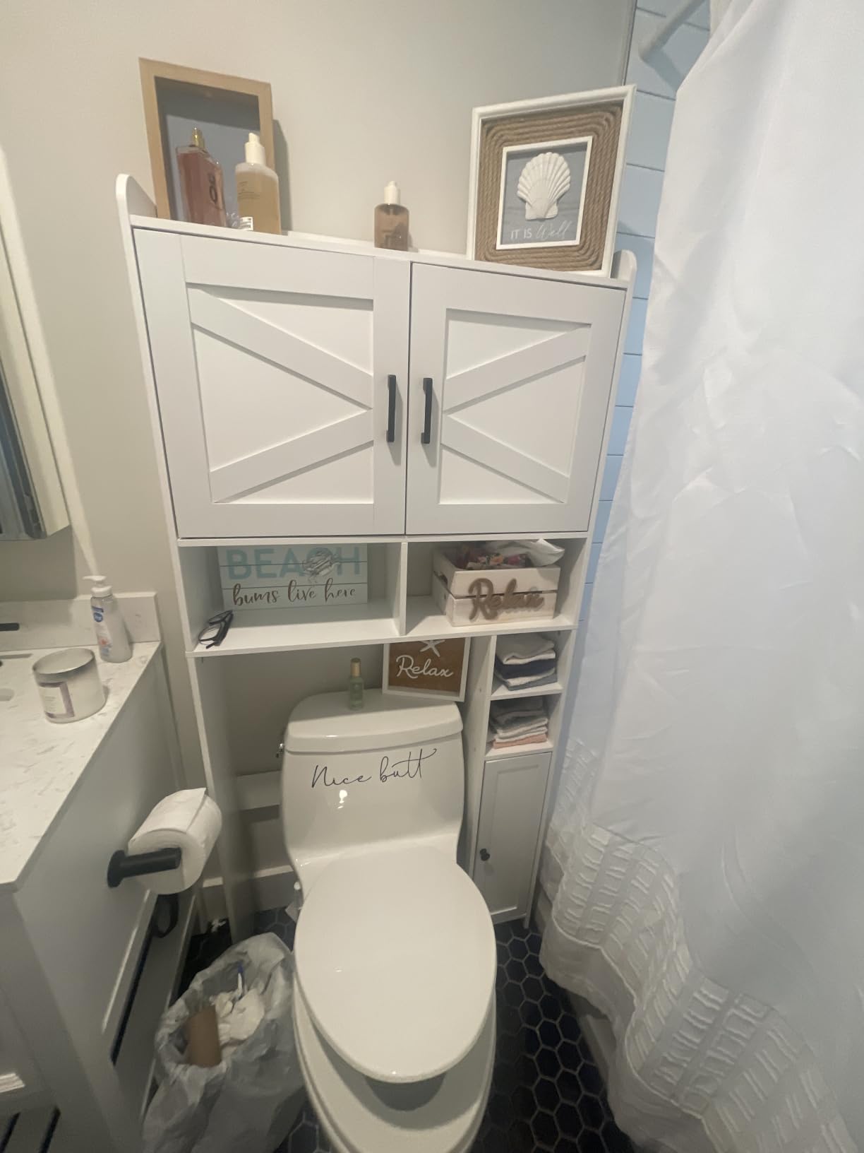 Homhedy Wooden Over The Toilet Storage Cabinet with Barn Door | Freestanding Bathroom Storage, Toilet Paper Holder, Adjustable Shelf, Space-Saving, Farmhouse Style, White customer photo 1