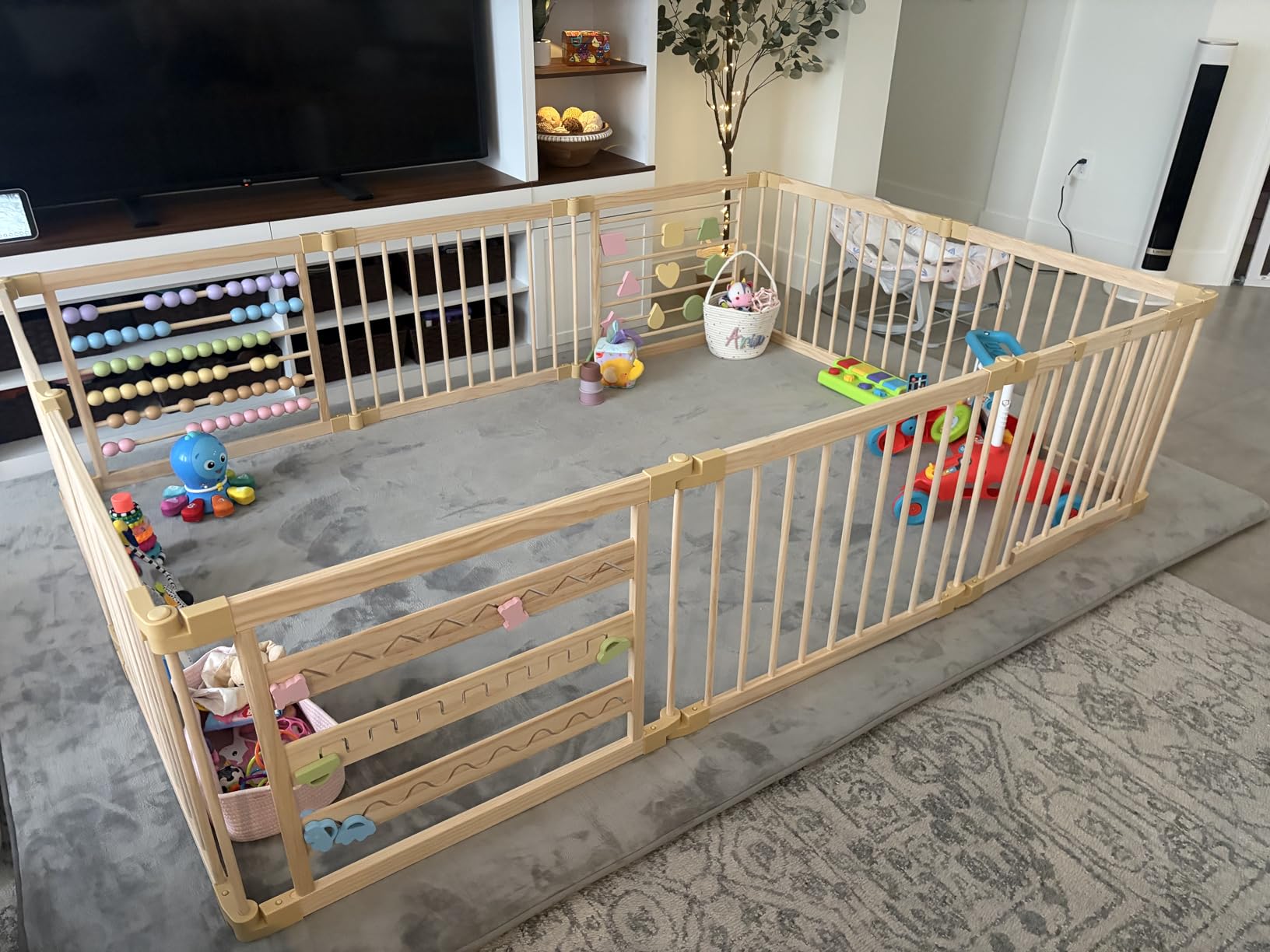 ZETY Natural Wood Baby Playpen, 10 Panel Foldable Play Yard, Door & Toys | Montessori style pine enclosure; expandable panel layout; tool-free pop-button connectors; latching door customer photo 1