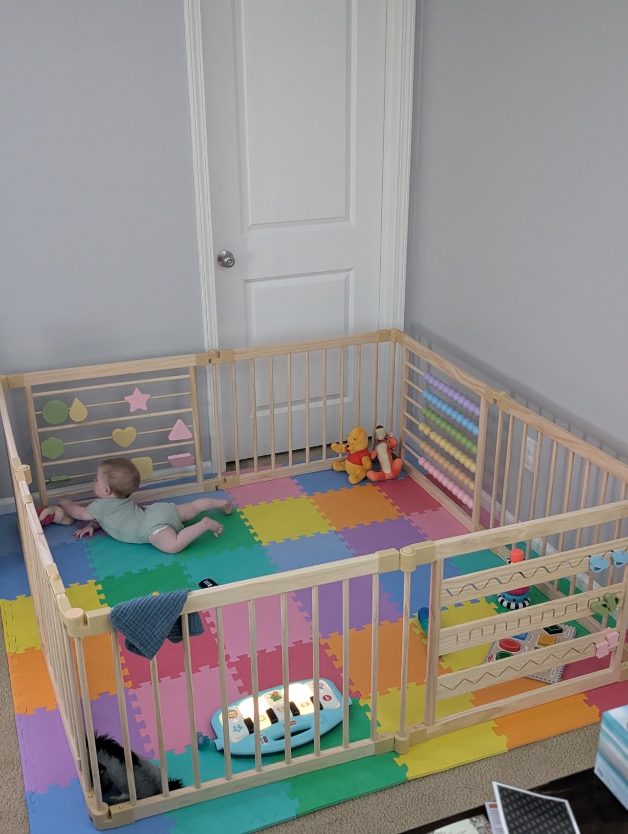ZETY Natural Wood Baby Playpen, 10 Panel Foldable Play Yard, Door & Toys | Montessori style pine enclosure; expandable panel layout; tool-free pop-button connectors; latching door customer photo 2