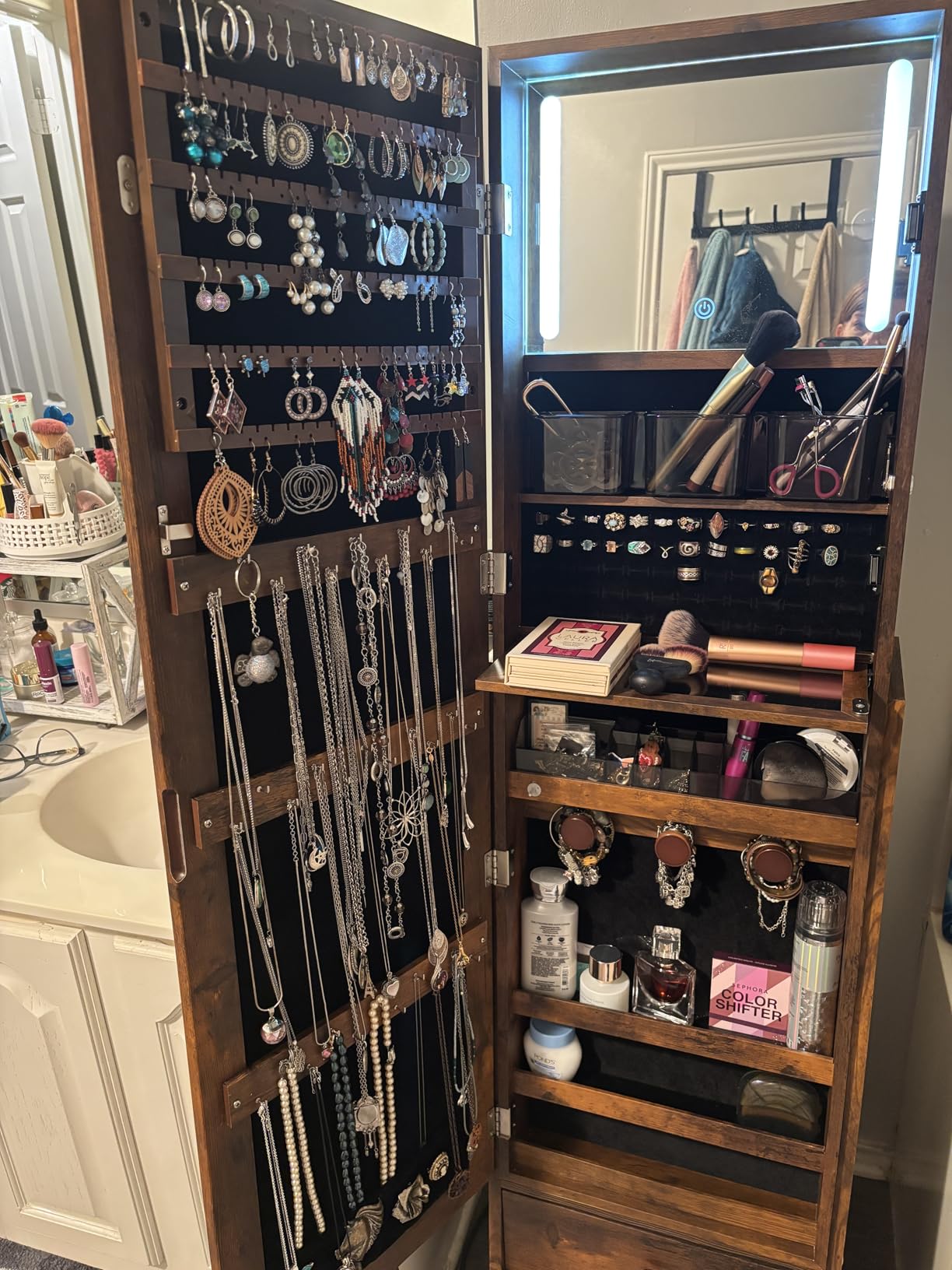 Standing Jewelry Armoire Cabinet Lockable Full Length Mirror with Drawer | Jewelry Organizer Armoire with Wheels, Floor Mirror with Back Storage Shelves for Bedroom Christmas Gift for Friend Black customer photo 1