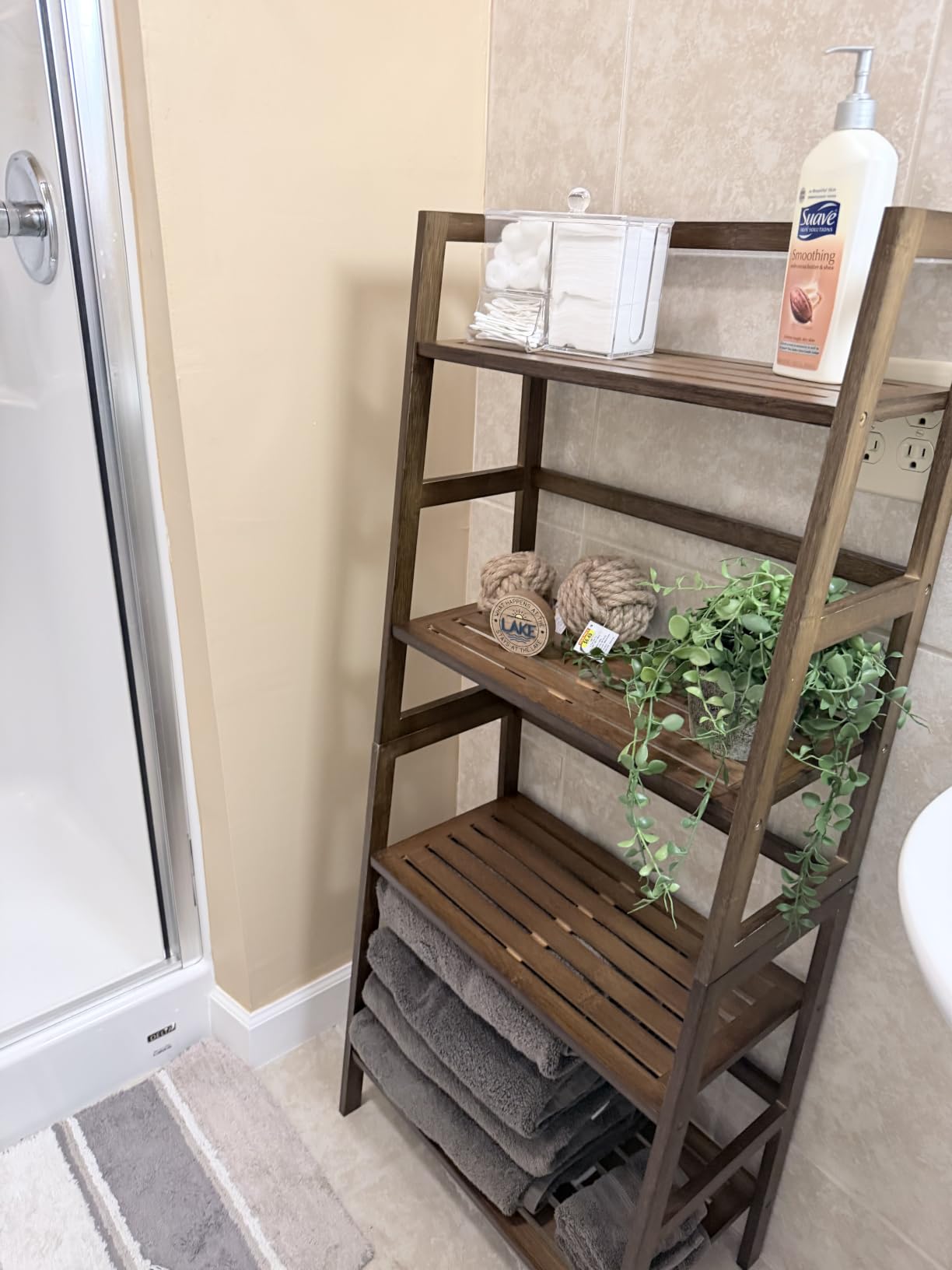HITNET Ladder Shelf, 4-Tier Bamboo Bookshelf, Freestanding Open Display Storage Rack, Space Saving Flower Plant Display Stand for Bathroom Living Room, Walnut customer photo 2