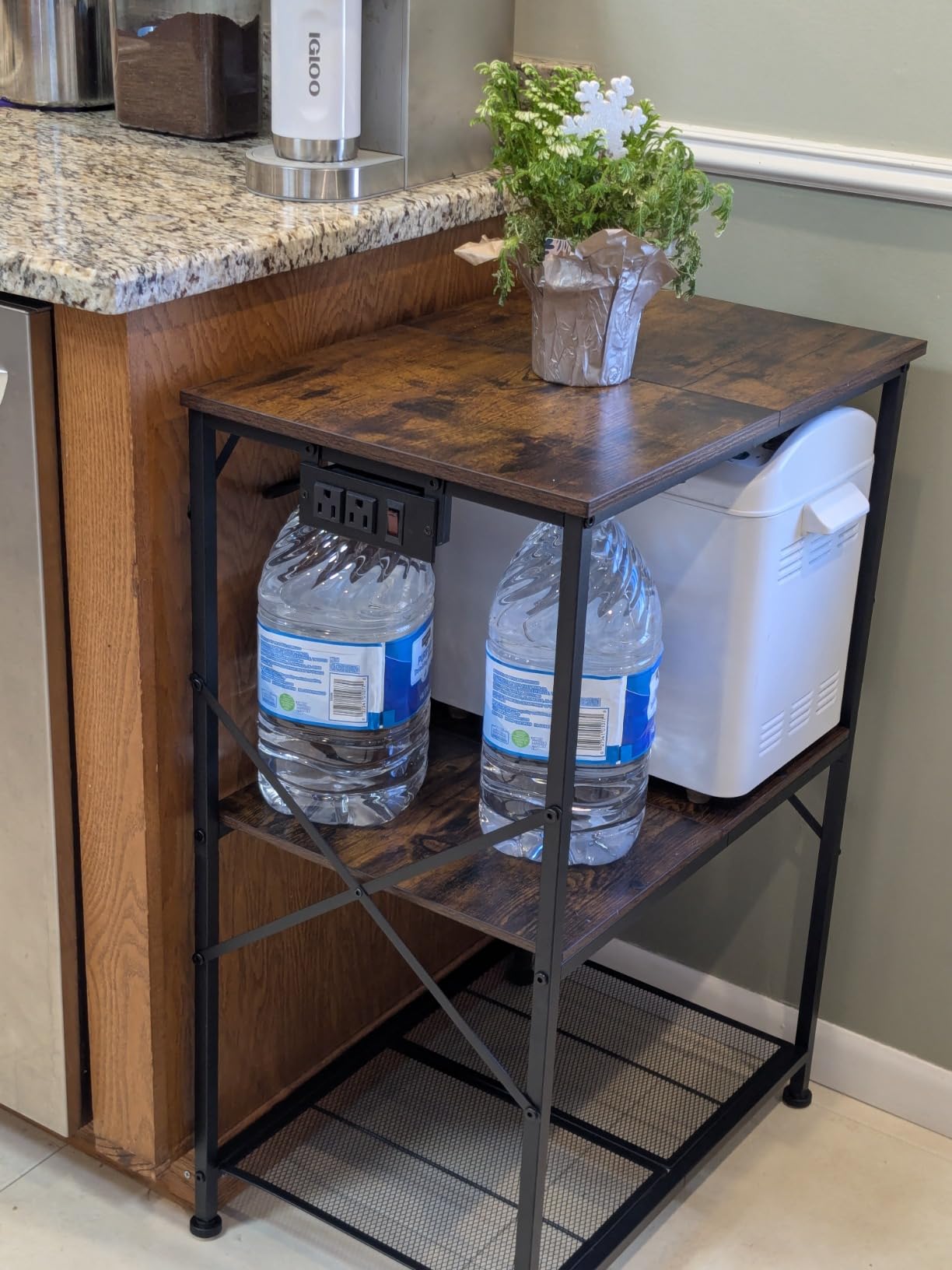 Furologee Kitchen Bakers Rack with Power Outlet, Microwave Oven Stand with Storage 4 Tiers, Coffee Bar Table with 6 S Hooks, Kitchen Storage Shelf Rack for Spices, Pots, Rustic Brown customer photo 1